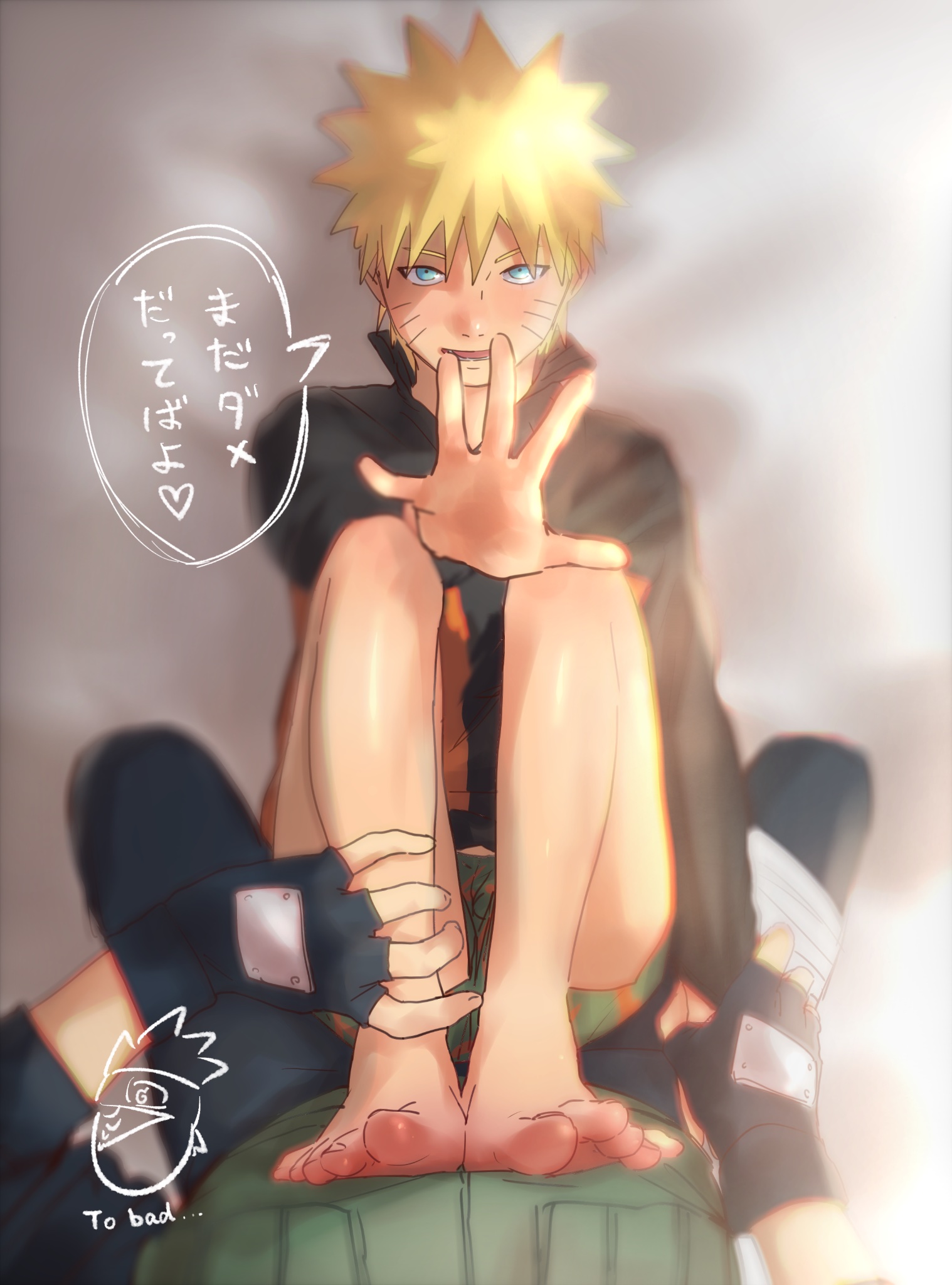 2boys, age difference, bare legs, bare thighs, barefoot, blonde hair, blue eyes, bottomless, boxers, clothed, clothing, dialogue, english text, facial markings, feet, feet on chest, fingerless gloves, foot fetish, foot focus, fully clothed, gay, gloves, hand holding, hatake kakashi, hi res, high resolution, highres, holding feet, holding hands, jacket, japanese text, kakashi hatake, leg grab, light skin, light-skinned male, looking at viewer, male, male only, male pov, male/male, naruto, naruto (series), naruto shippuden, naruto uzumaki, older male, older male and younger male, pale skin, pale-skinned male, pov, pov eye contact, presenting feet, sadaeye, shounen jump, soles, speech bubble, spiky hair, student, teacher, teacher and student, teenage male, teenager, text, toes, twink, underwear, uzumaki naruto, whisker markings, whiskers, yaoi, yellow hair, younger male
