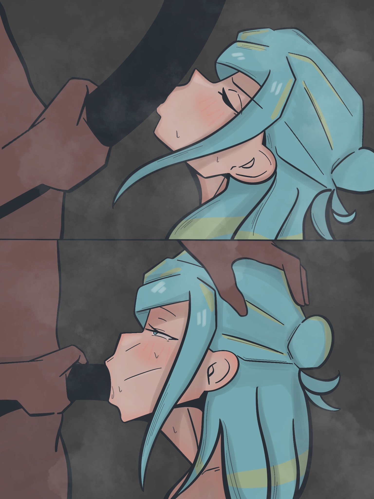2koma, black body, blowjob, blowjob face, blue eyes, blush, censored penis, femboy, grey background, grusha (pokemon), holding head, imminent oral, kissing penis, large penis, long hair, male, male only, onsen380, penis, pokemon, pokemon sv, white fur
