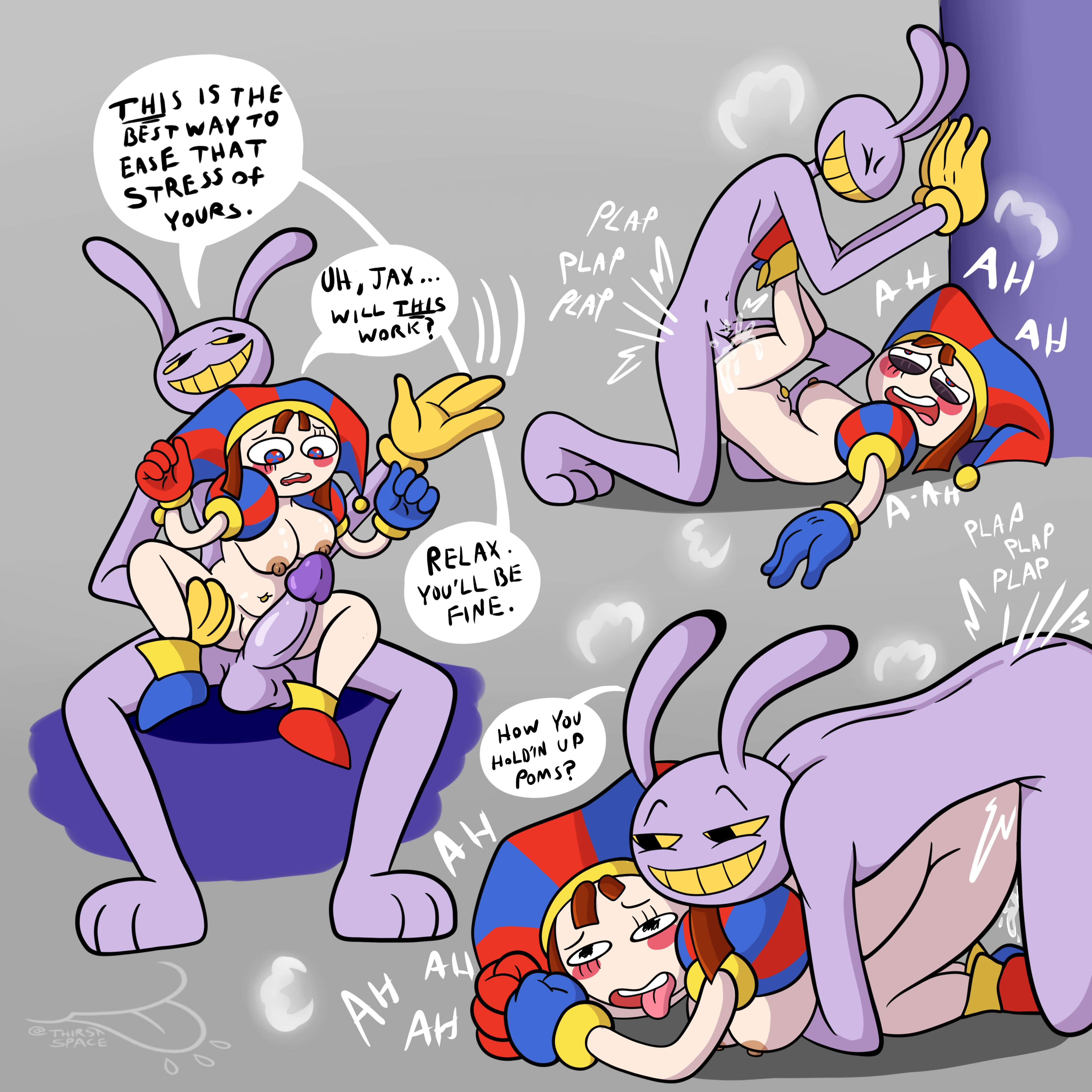 2023, 2d, 2d (artwork), 2d artwork, anthro, big penis, breasts, brown hair, bunny, bunny ears, dialogue, dialogue box, female, glitch productions, gloves, gooseworx, jax (the amazing digital circus), jester, jester costume, jester hat, jester outfit, male, medium breasts, moan, moaning, nipples, penetration, penis, pomni (the amazing digital circus), purple body, purple penis, pussy, short hair, smaller female, smile, smiling, straight, the amazing digital circus, thighs, thirstspace, tongue, tongue out, white body, yellow eyes, yellow mouth