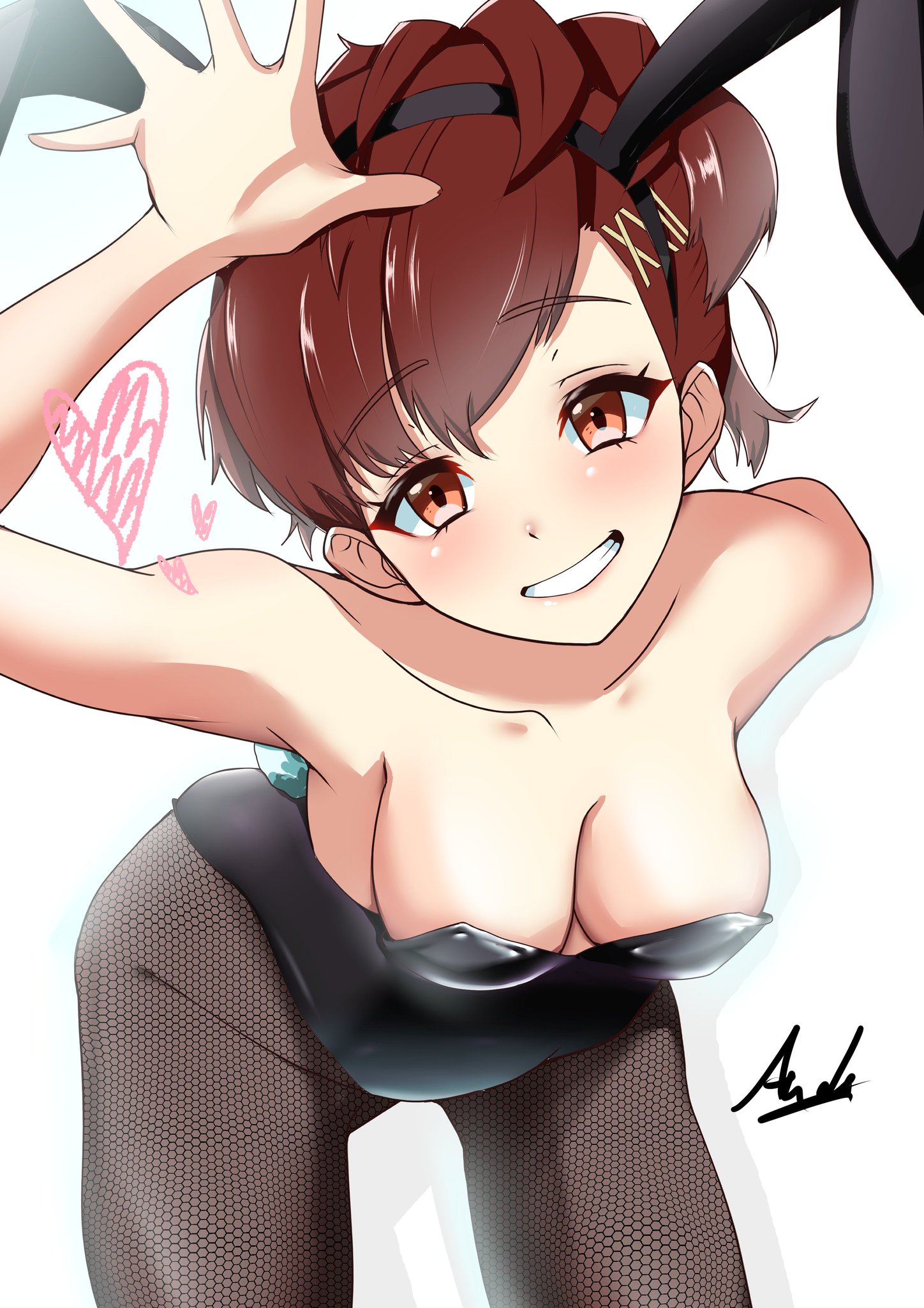 artist signature, atlus, breasts, bunnysuit, female, female only, kotone shiomi, looking at viewer, persona, persona 3, smile, smiling, solo, takeminaieeru, white background, white skin