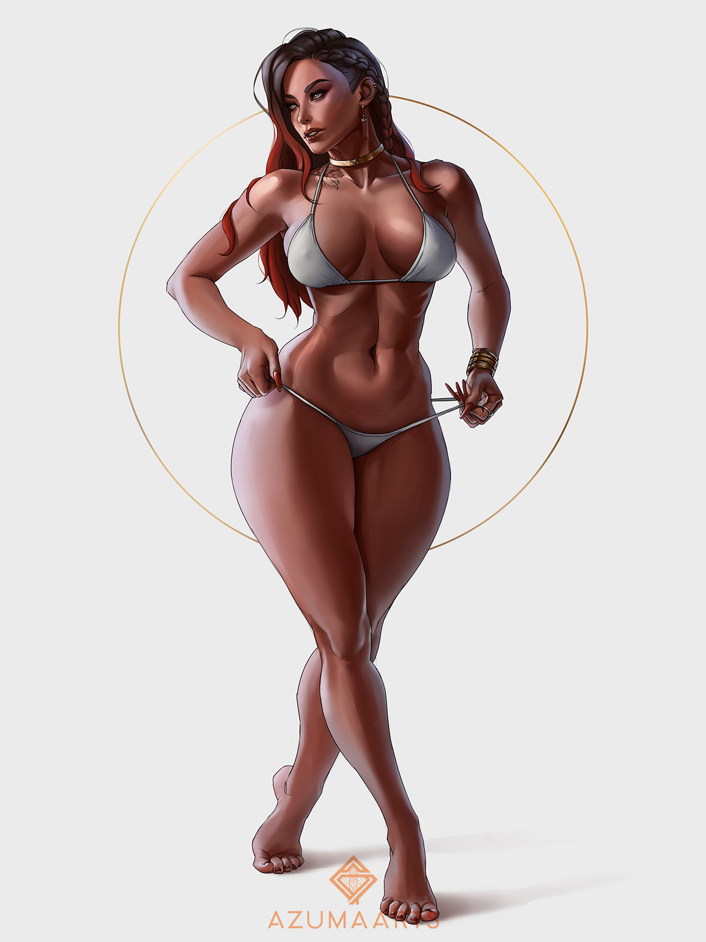 1girls, apex legends, ass, azuma yasuo, azumaarts, barefoot, big ass, braided hair, braided twintails, breasts, dark skin, dark-skinned female, feet, female, loba (apex legends), looking at viewer, medium breasts, realistic, respawn entertainment, swimsuit, tanline, tanlines, tattoo, thick thighs, thong, toes
