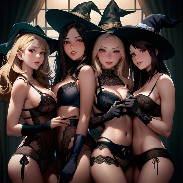 4girls ai_generated ai_mirror belly_button black_hair black_underwear blonde_hair blue_underwear blush bodysuit breast_press brown_eyes curtains gloves grey_eyes holding_hands hug lingerie_only long_hair looking_at_viewer medium_breasts small_breasts white_skin window witch witch_hat