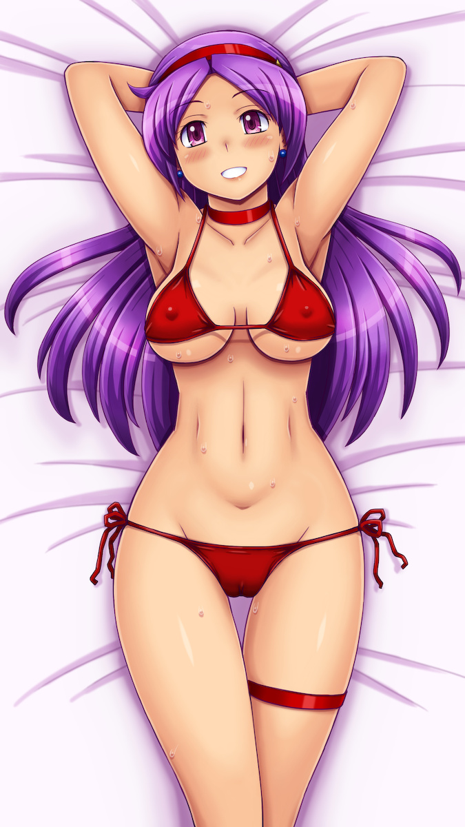 1girls armpits arms_behind_head athena_asamiya bed bedroom big_breasts bikini bodysuit breasts busty cameltoe cleavage king_of_fighters large_breasts legs long_hair looking_at_viewer lying navel pose posing purple_hair red_bikini sensual sexy_armpits smile snk solo sweat swimsuit thick_thighs thighs toned tsumitani_daisuke voluptuous