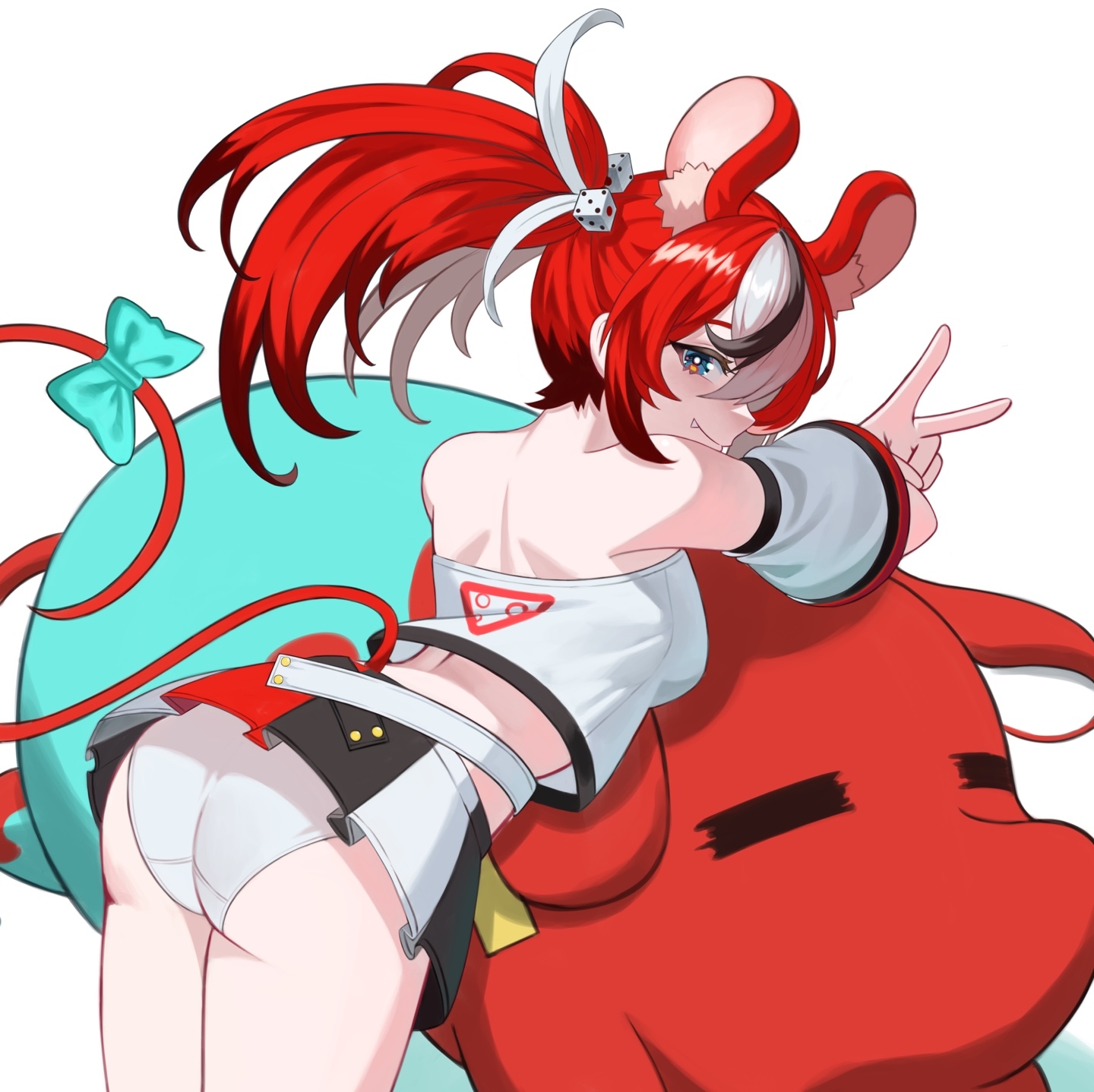 1girls, ass, bent over, black hair, blue eyes, blue fur, bottomwear, breasts, closed eyes, clothed, clothing, fan mascot (vtuber), female, female focus, hakos baelz, hakos baelz (1st costume), hololive, hololive english, hololive english -council-, hololive english -promise-, large breasts, light skin, light-skinned female, mong na, mr. squeaks (hakos baelz), multicolored hair, open eyes, rat, rat girl, rat tail, red ears, red fur, red hair, red tail, simple background, skirt, thick ass, thick thighs, topwear, virtual youtuber, vtuber, white background, white hair