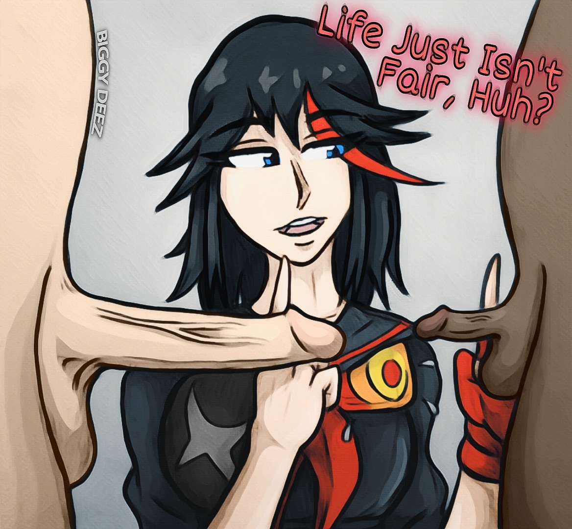1boy, 1girls, 2boys, big penis, biggy deez, black hair, blue eyes, dark skin, dark-skinned male, dark-skinned sub, english text, female, huge cock, imminent oral, kill la kill, light skin, light-skinned female, light-skinned male, male, matoi ryuuko, micropenis, oral, penis, penis size comparison, penis size difference, petite, size difference, slim, small penis, small penis gesture, small penis humiliation, text, tiny penis, white is bigger