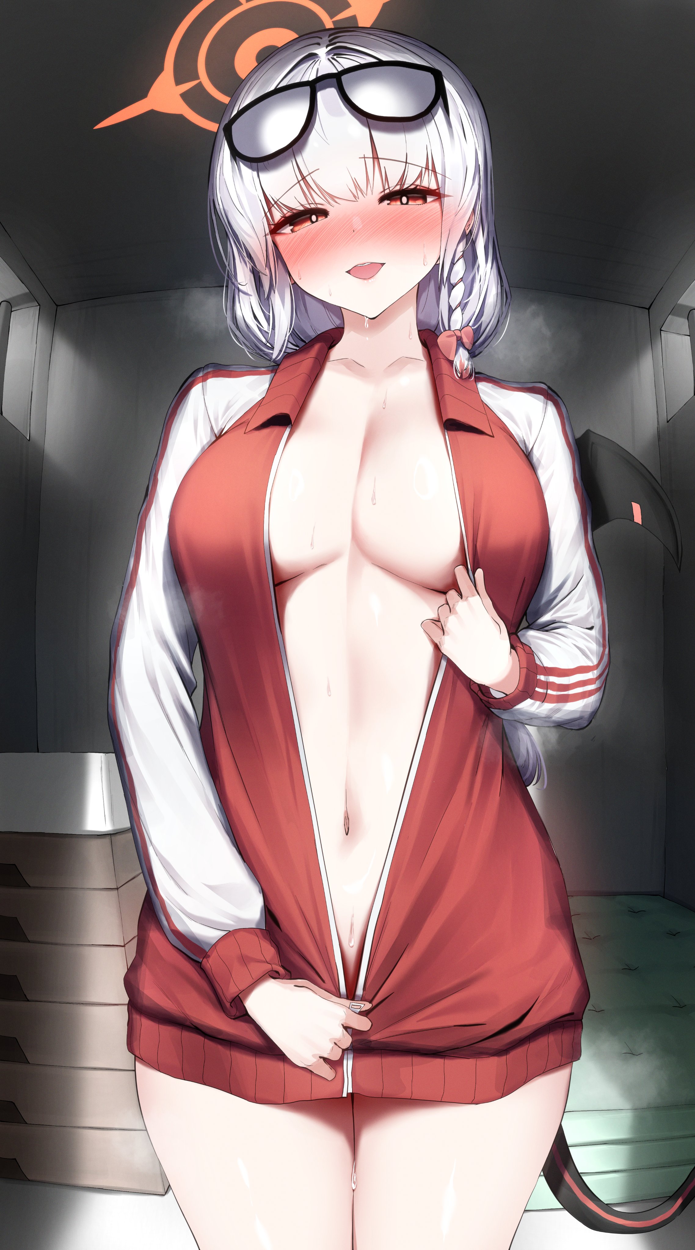 1girls, aroused, aroused smile, artist request, blue archive, breasts, center opening, cowboy shot, female, female only, gehenna academy student, gourmet research society (blue archive), haruna (blue archive), haruna (gym uniform) (blue archive), horny, horny female, large breasts, light skin, light-skinned female, navel, pov, smile, solo, sweaty, sweaty body, tagme (artist), thighs, unzipped jacket, unzipping, warehouse, wooden box