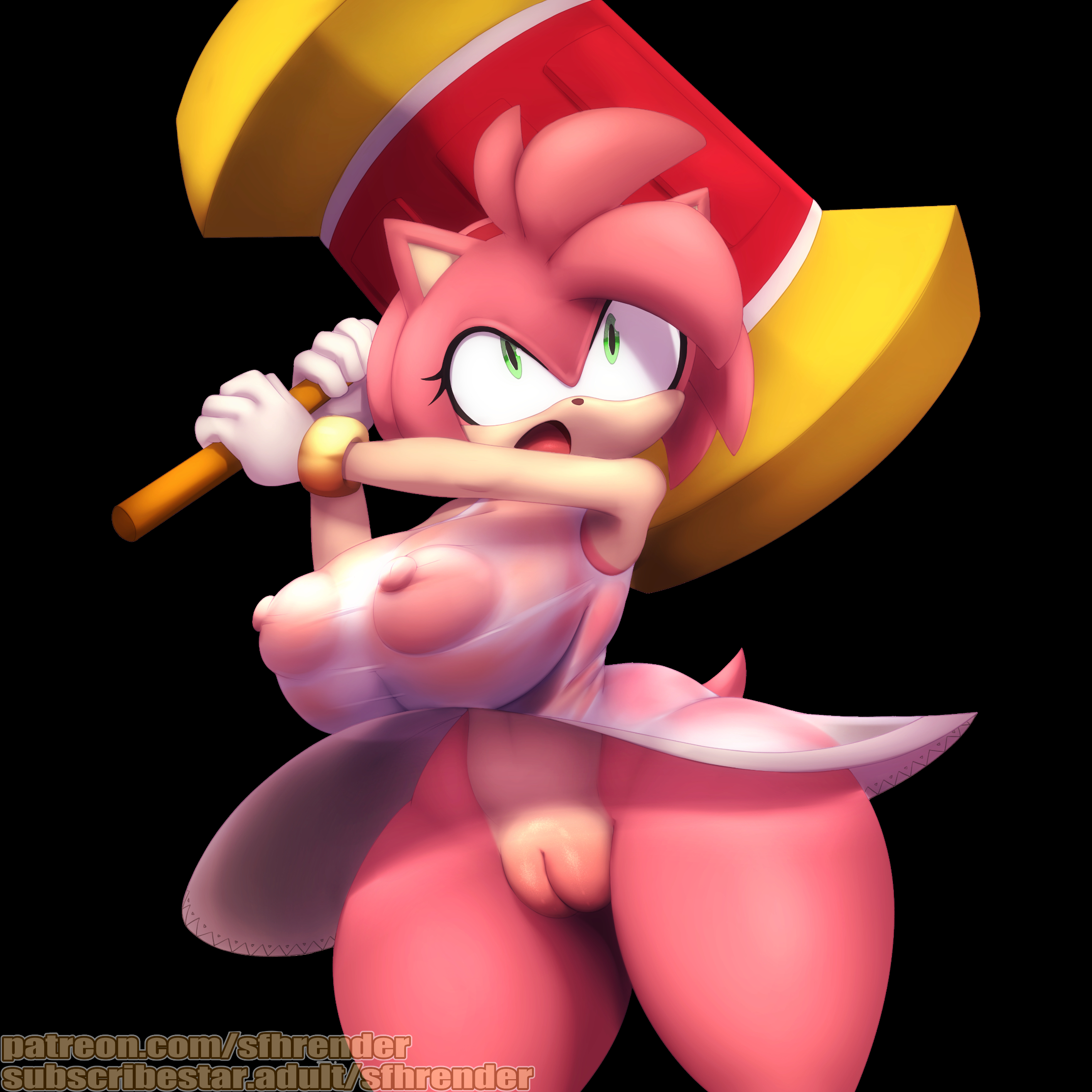 amy rose, anthro, big breasts, blue background, breasts, clothed, clothing, dress, eulipotyphlan, female, furry, furry only, genitals, hair, hedgehog, hi res, huge breasts, mammal, nipples, no underwear, pink hair, pussy, redraw, see-through, sega, simple background, snaart, solo, sonic (series), sonic x, tail, thick thighs, wet clothes