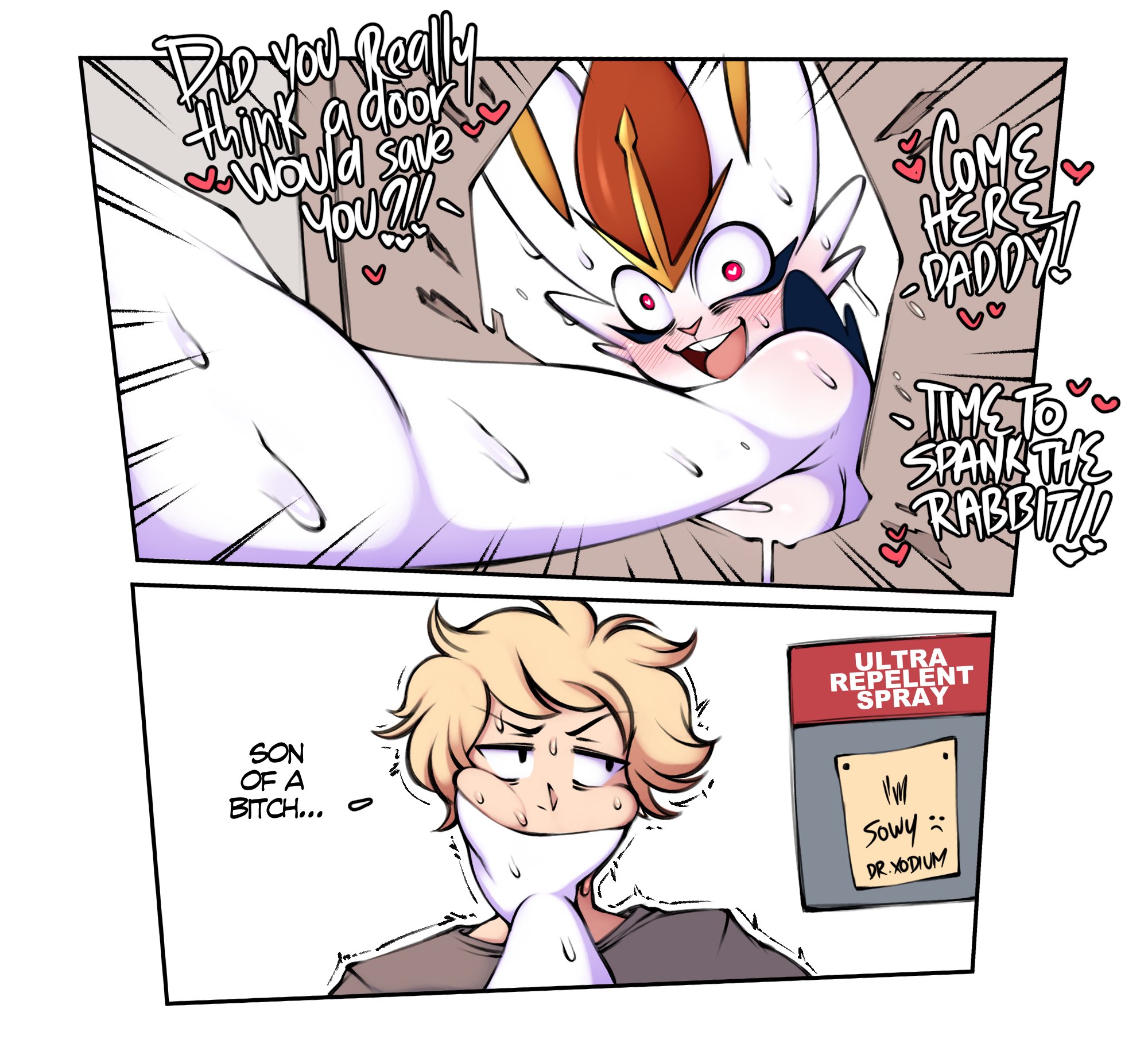 1boy, 1girls, aroused, blonde hair, blush, cinderace, dialogue, english text, face grab, female, female pokemon, funny, generation 8 pokemon, heart, heart-shaped pupils, heavy blush, hi res, human, male, nintendo, pokémon (species), pokemon, pokemon (species), red eyes, saltyxodium, sweat, trembling