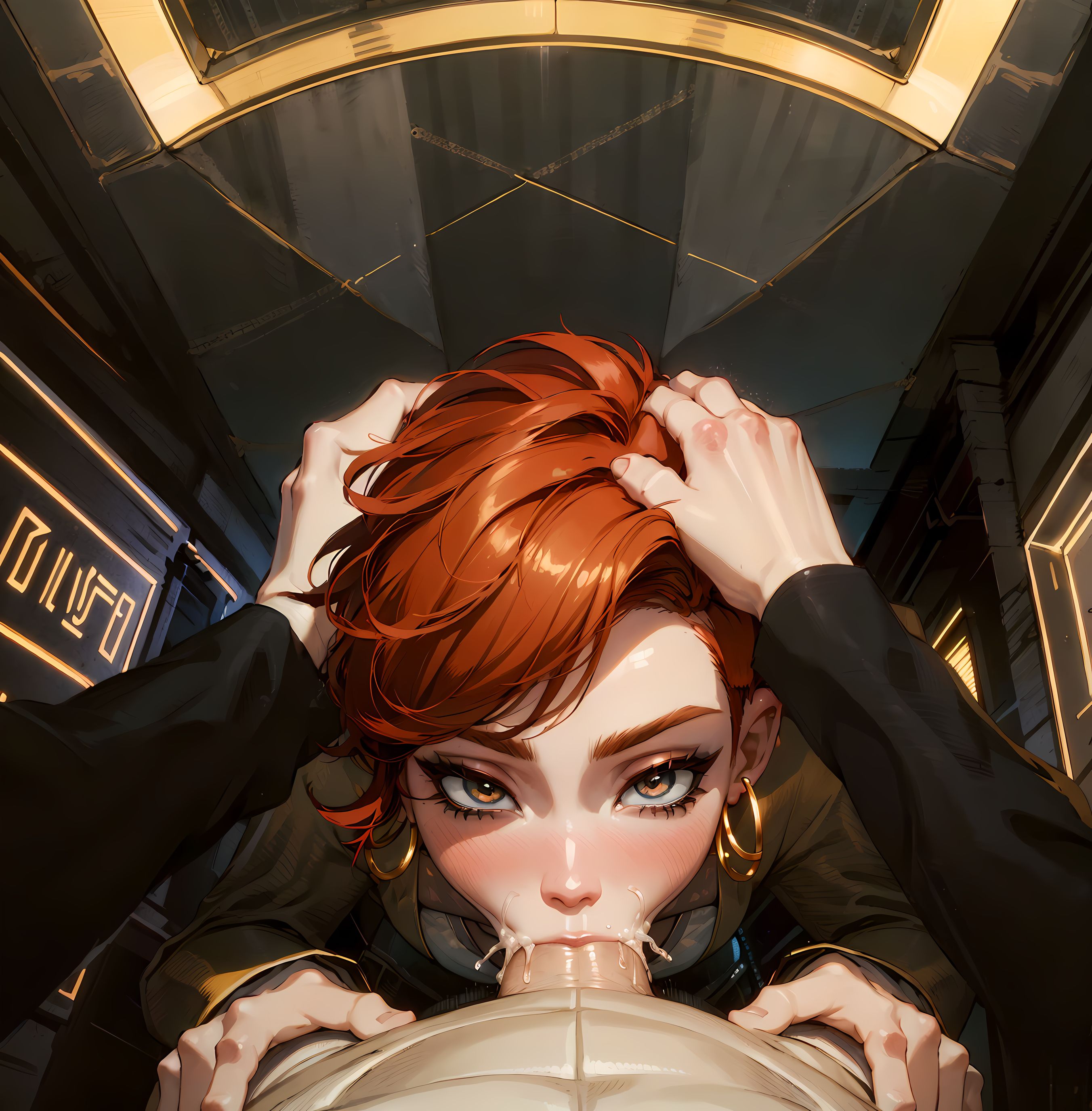 1girls, ai generated, aurore cassel, balls, balls deep, cd projekt red, cum, cum in mouth, cum in throat, cyberpunk (series), cyberpunk 2077, cyberpunk 2077: phantom liberty, deepthroat, earrings, elevator, eye contact, fellatio, female, ginger, hands on hips, head grab, kneeling, looking at viewer, male, oral, orange hair, partial male, penis, pov, puffyart, red hair, saliva, sex, tight throat, yellow eyes