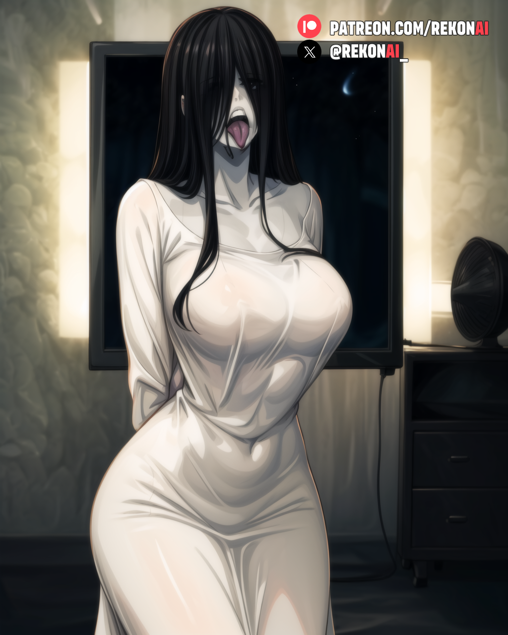 1girls 2d ai_generated big_ass big_breasts big_butt black_hair creepy eyes_covered female female_focus female_only hair_over_eyes hands_behind_back horror horror_(theme) horror_movie light-skinned light-skinned_female light_skin long_hair medium_breasts night nightie open_mouth pale-skinned_female pale_skin rekonai sadako_(the_ring) shy small_breasts smaller_female stable_diffusion standing tagme the_ring thick_thighs thin thin_arms thin_female thin_waist tongue tongue_out yamamura_sadako