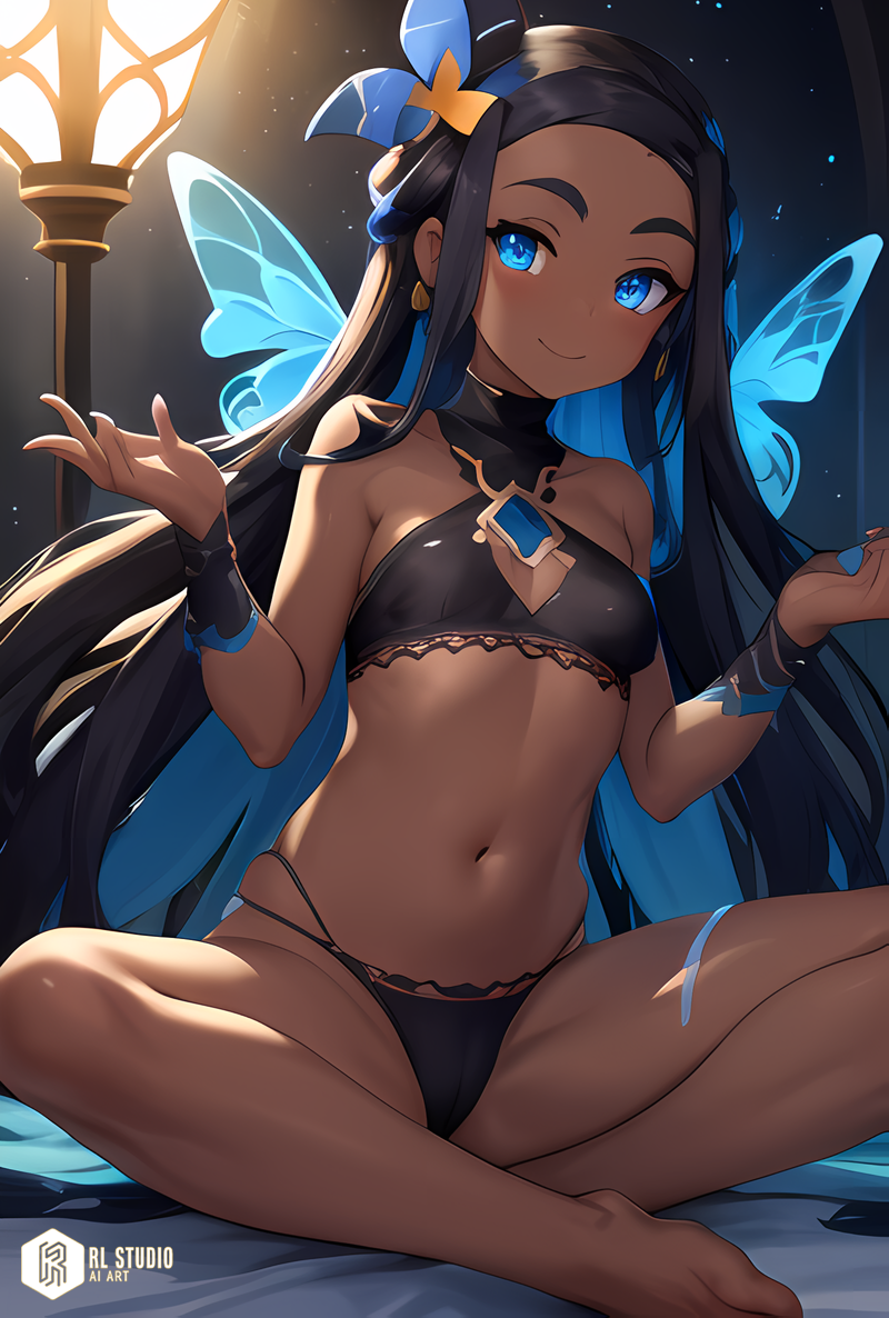 1girls ai_generated ass athletic athletic_female black_panties blue_eyes blue_streak breasts eyeshadow fairy fairy_wings highlights_(coloring) lingerie long_hair looking_at_viewer makeup nessa_(pokemon) night nintendo panties pokemon pokemon_sm pokemon_trainer rlstudio small_breasts stable_diffusion wings