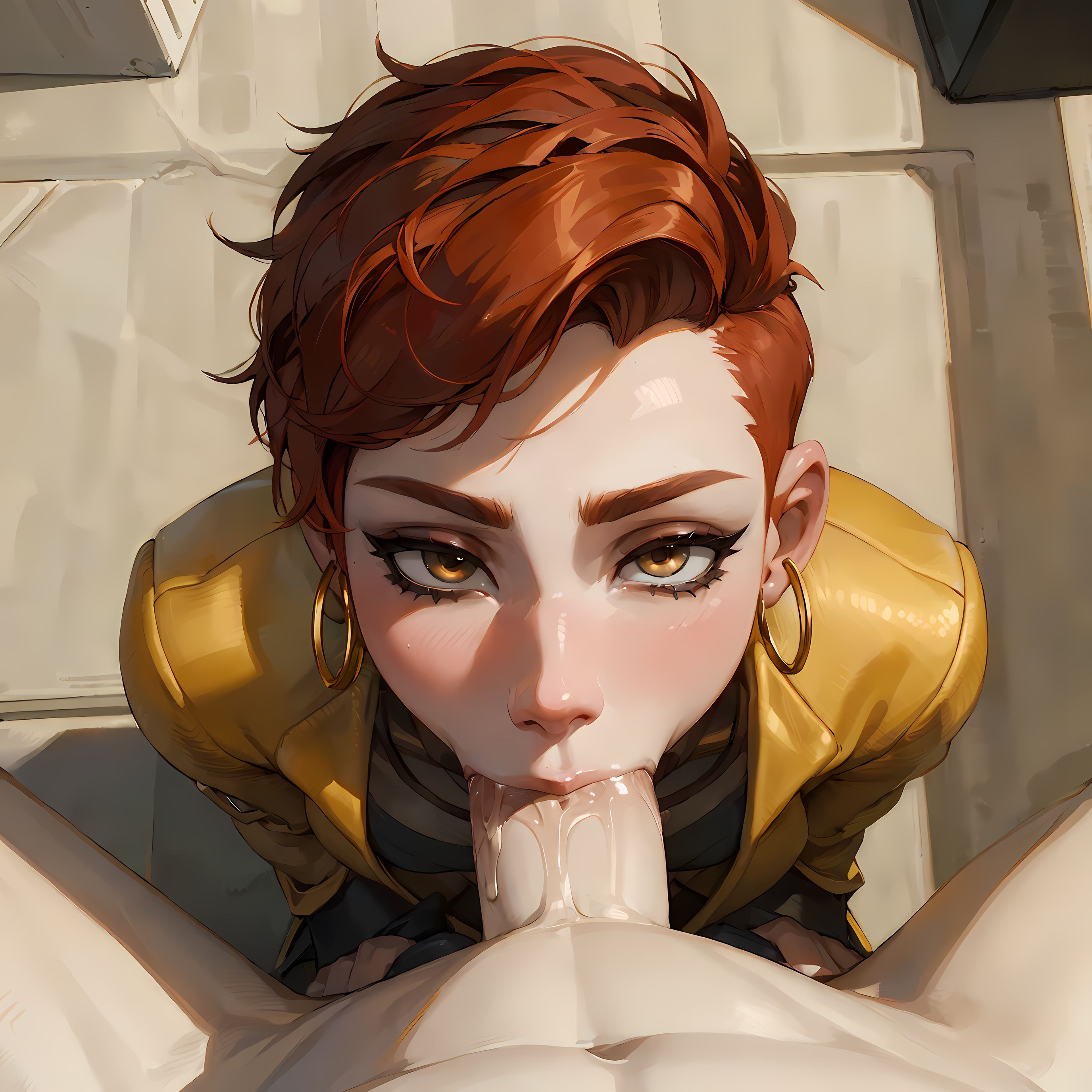 1boy, 1girls, ai generated, aurore cassel, cd projekt red, cyberpunk 2077, cyberpunk 2077: phantom liberty, deep blowjob, earrings, eye contact, fellatio, female, kneeling, looking at viewer, male, oral, partial male, penis, pov, puffyart, red hair, saliva, seductive eyes, sex, yellow eyes