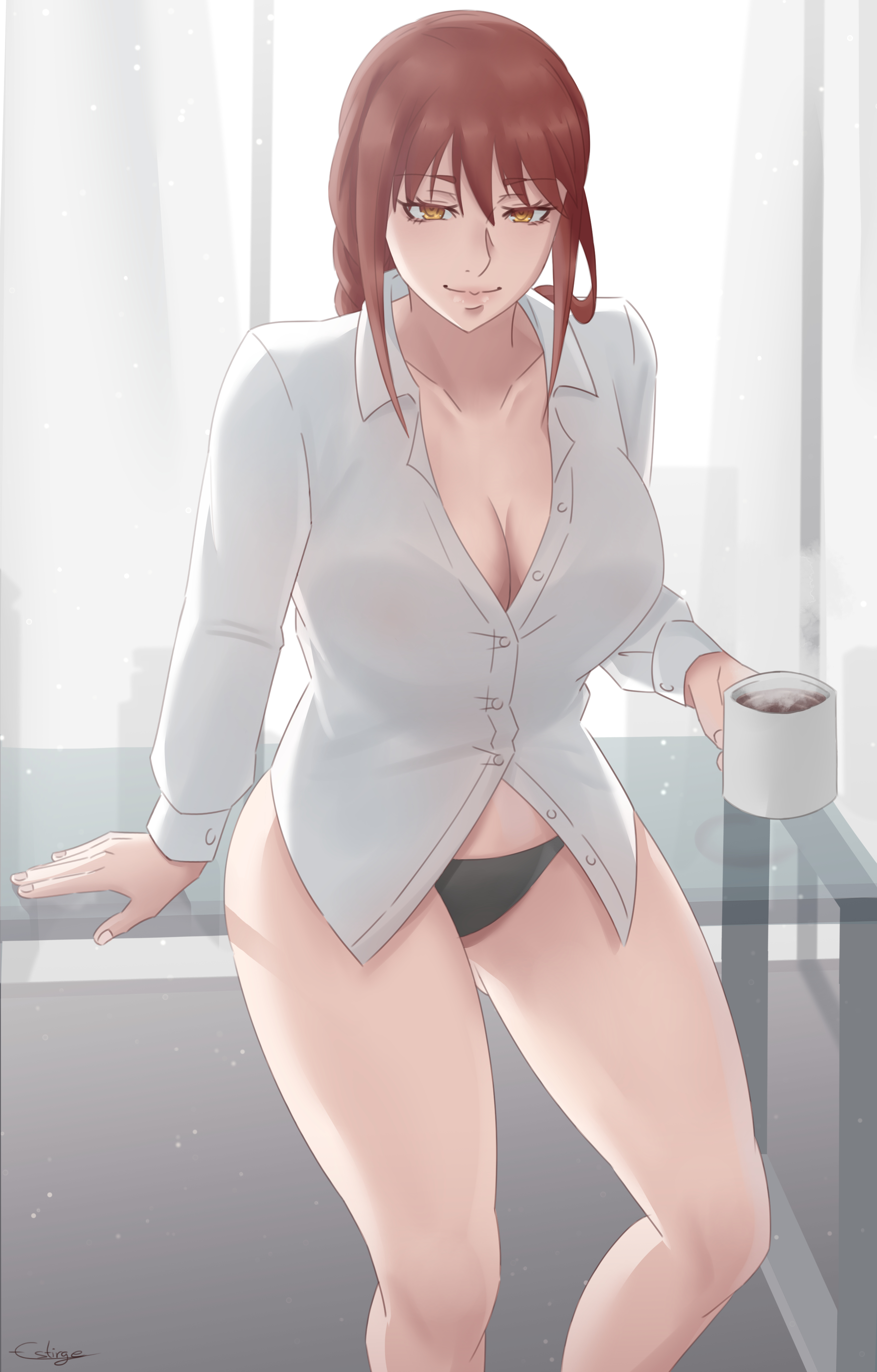 1girls, absurdres, artist name, black panties, braid, braided ponytail, breasts, chainsaw man, cleavage, closed mouth, coffee cup, collarbone, commentary, cup, disposable cup, english commentary, estirgensfw, feet out of frame, female, highres, holding, holding cup, light smile, lips, long hair, long sleeves, looking at viewer, makima (chainsaw man), medium breasts, orange eyes, panties, red hair, shirt, sidelocks, simple background, solo, standing, table, thighs, underwear, white shirt, window