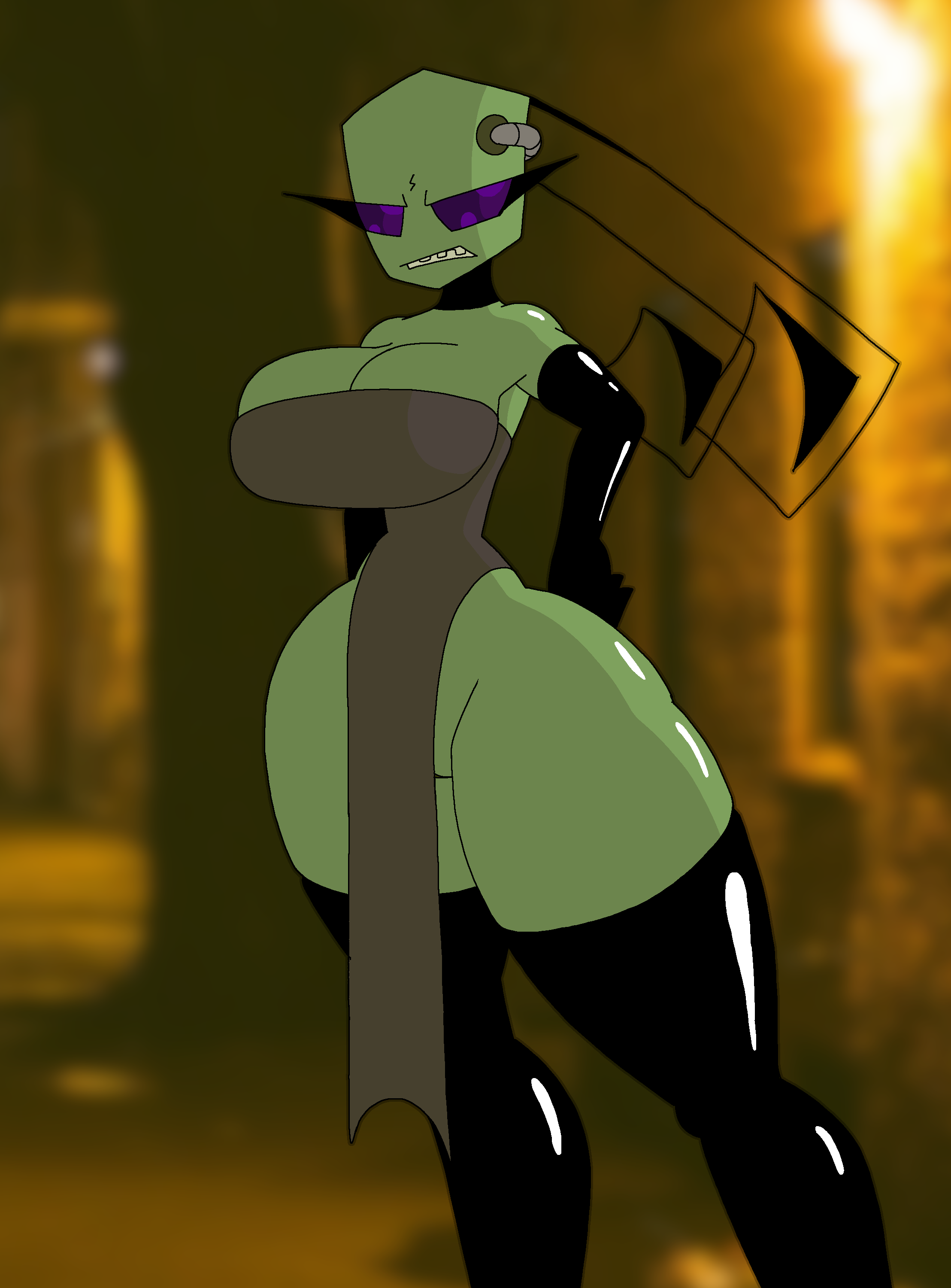 1girls, alien, alien girl, annoyed, annoyed expression, antennae, big breasts, breasts, elbow gloves, eyelashes, female, female only, gloves, green body, green skin, invader zim, irken, latex, latex gloves, latex thighhighs, looking at viewer, nickelodeon, pupilless eyes, purple eyes, rexon02, tak (invader zim), thighhighs, tight clothing, tight fit