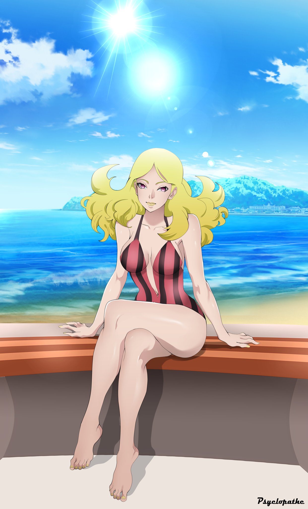 1girls alternate_version_available ass bare_legs bare_shoulders barefoot beach big_ass big_butt bikini blonde_female blonde_hair boruto:_naruto_next_generations breasts butt cleavage crossed_legs delta_(boruto) exposed_belly feet female female_only foot_fetish hi_res high_resolution highres inner_sideboob legs_crossed light-skinned_female light_skin lips lipstick looking_at_viewer makeup medium_breasts nail_polish naruto naruto_(series) ocean one-piece_swimsuit outdoors outside painted_nails pale-skinned_female pale_skin panties perky_breasts pink_bikini pink_eyes pink_panties pink_swimsuit pose posing psyclopathe shounen_jump sitting solo solo_female solo_focus striped_bikini striped_panties stripes summer sunny swimsuit thick_thighs thighs toenail_polish toenails toes voluptuous voluptuous_female wavy_hair yellow_hair yellow_lips yellow_lipstick yellow_nail_polish yellow_nails yellow_toenail_polish yellow_toenails