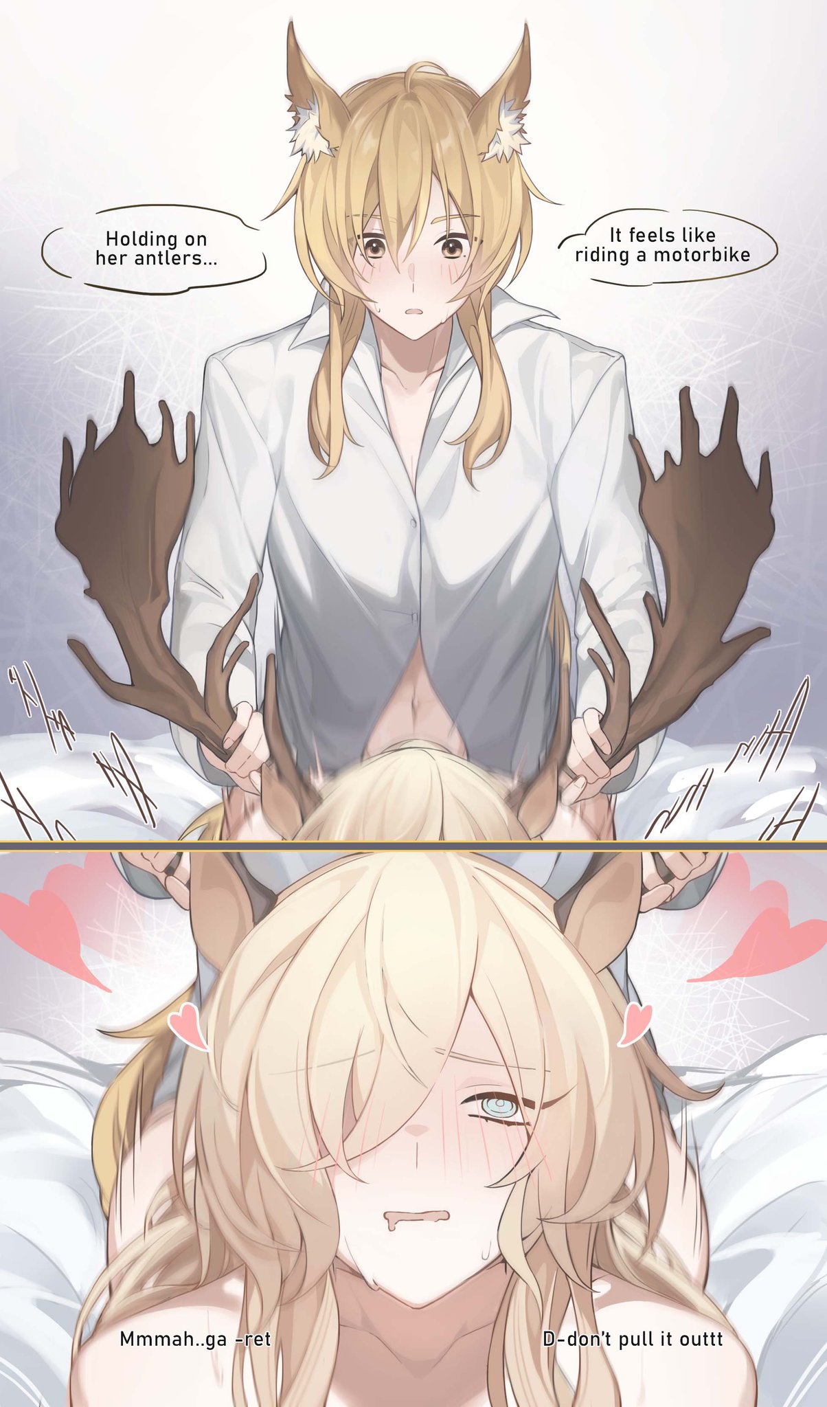 1futa, 1girls, 2023, animal ear fluff, animal ears, antler grab, antlers, arknights, blonde hair, blue eyes, bottomless, clothed, clothing, collared shirt, comic, cowgirl position, deer antlers, deer ears, deer girl, dialogue, drooling, duo, english text, female, futa on female, futa with female, futanari, hair over one eye, heart, hi res, horse ears, horse girl, implied futa, implied sex, intersex, light skin, light-skinned female, light-skinned futa, multiple females, multiple girls, navel, nearl (arknights), nude, on stomach, partially clothed, prone bone, quanx70909457, shirt, sweat, text, viviana (arknights), white shirt, yellow eyes