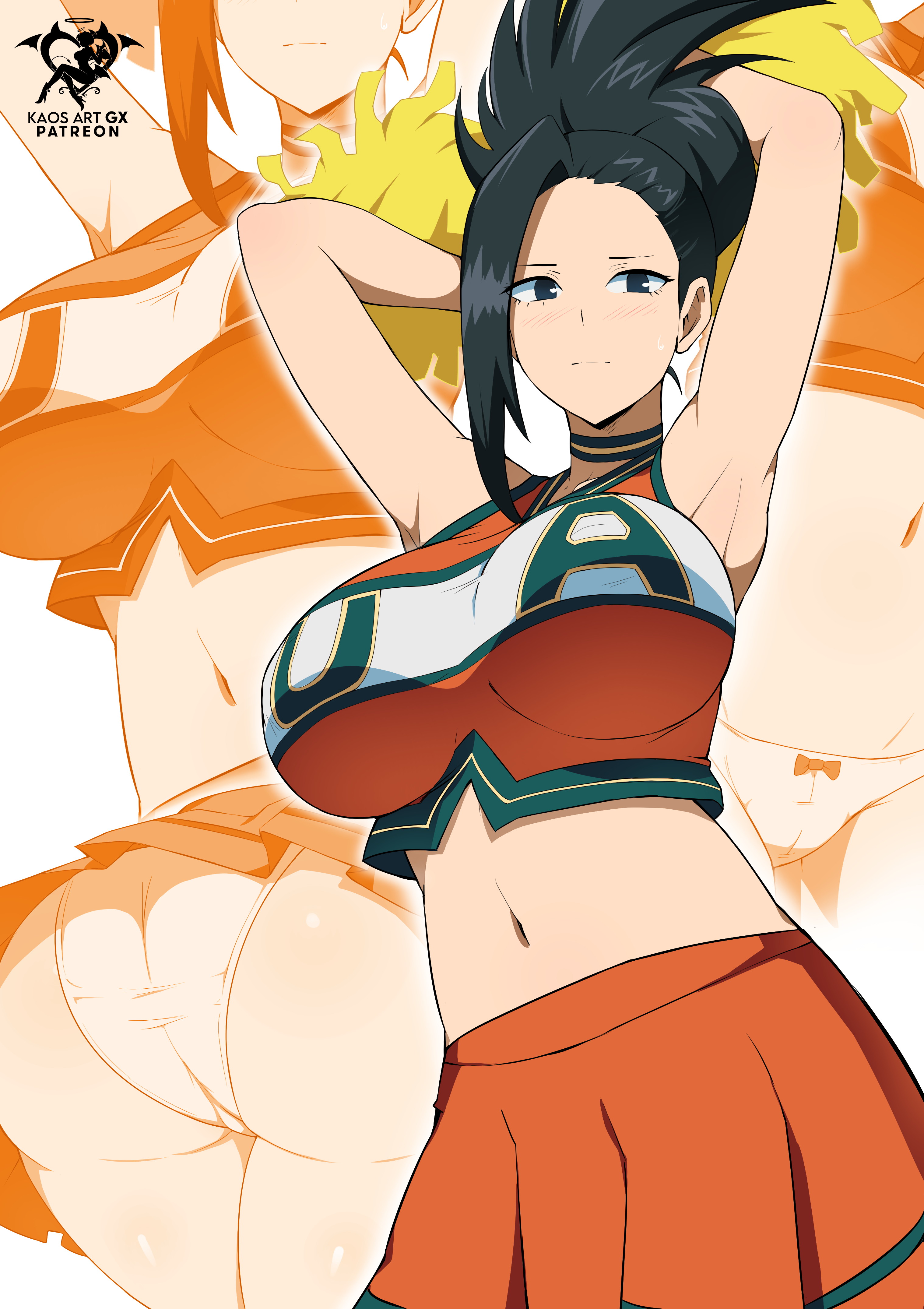 1girls, alternate version available, ass, black eyes, black hair, black-haired female, blush, breasts, cheerleader uniform, female, female focus, female only, kaos art, large breasts, momo yaoyorozu, my hero academia, pom poms, skirt, solo female, solo focus, u.a. cheerleader outfit, white panties, yaoyorozu momo