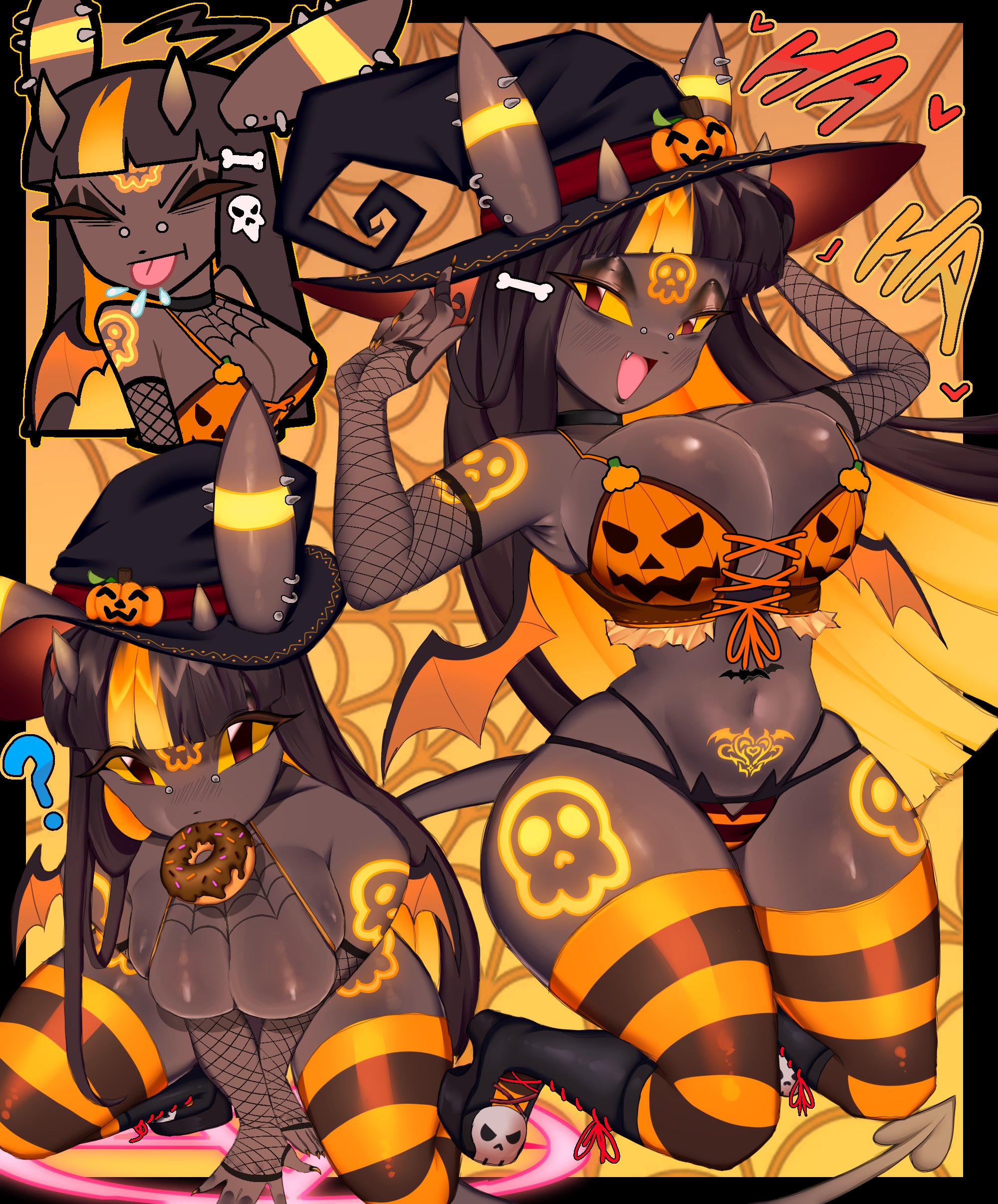 1girls, bangs, big breasts, black hair, blunt bangs, blush, breasts, eeveelution, female, female only, fishnets, generation 2 pokemon, halloween, hi res, horns, long hair, looking at viewer, nintendo, nose piercing, pokémon (species), pokemon, pokemon (species), pokemorph, red eyes, smile, smiling at viewer, solo, striped thighhighs, succubus wings, succumbeon, thick thighs, thighhighs, two-tone hair, umbreon, wings, yellow hair, yellow sclera