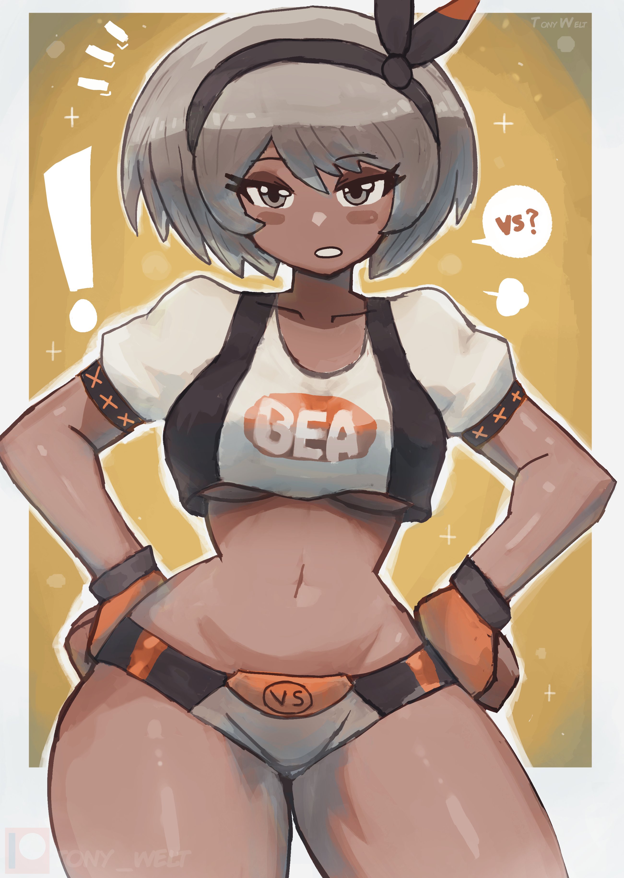 1girls, bea (pokemon), belly button, big hips, breasts, crop top, female, female only, gloves, grey eyes, grey hair, hand on hip, headband, midriff, pokemon, pose, shorts, small waist, solo, solo focus, tan body, tony welt, underboob