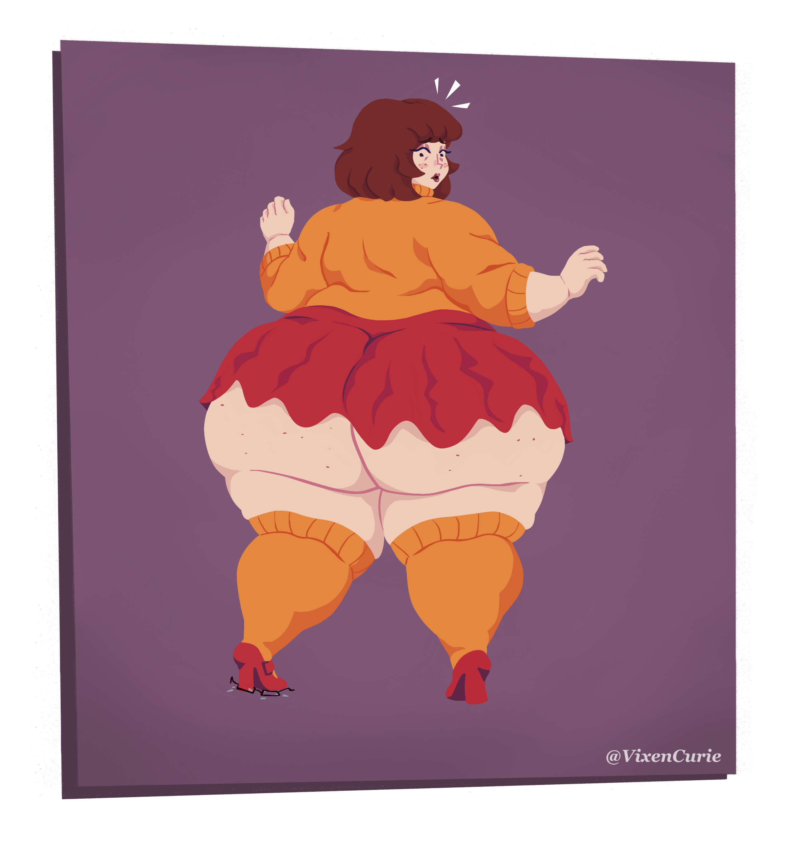 1girls, 2023, ass, broken glasses, brown hair, colored, digital media (artwork), dot eyes, exposed ass, eyeshadow, fat, fat ass, female, female only, freckles, freckles on ass, freckles on face, glasses, hanna-barbera, heels, human, leggings, nerdy female, no panties, no underwear, obese, overweight, pale skin, red lipstick, scooby-doo, short hair, simple background, skirt, solo, surprised, surprised expression, thick arms, thick legs, turtleneck, undersized clothes, upskirt, velma dinkley, vixencurie, wide hips