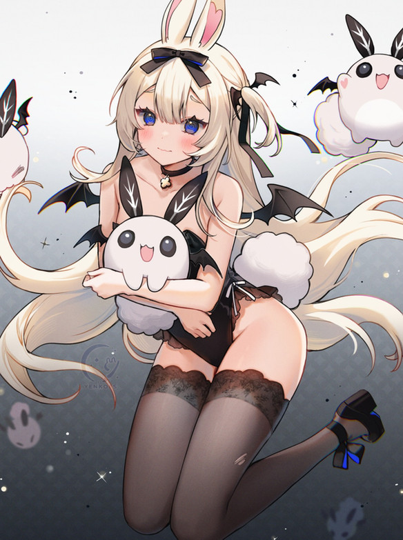 1girl :3 animal_ears bangs bare_arms bare_shoulders bat_wings black_choker black_footwear black_legwear black_leotard black_wings blonde_hair blue_eyes blush bow brown_legwear bunny_ears bunny_girl bunny_tail bunnysuit choker closed_mouth collarbone demon_girl demon_tail demon_wings detached_wings eyebrows_visible_through_hair fang female_only full_body hair_ribbon high_heels horns leotard long_hair looking_at_viewer low_wings mini_wings ribbon shoes smile solo tail thighhighs twintails two_side_up very_long_hair virtual_youtuber vyugen wings yenko yenkoes