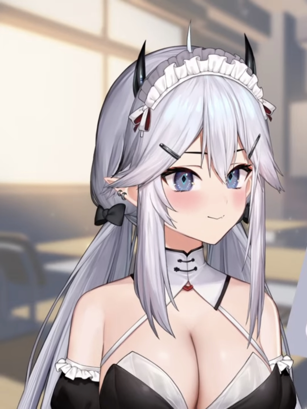 cleavage cute indie_virtual_youtuber large_breasts maid_uniform official_model screenshot succubus succubus_horns veibae virtual_youtuber