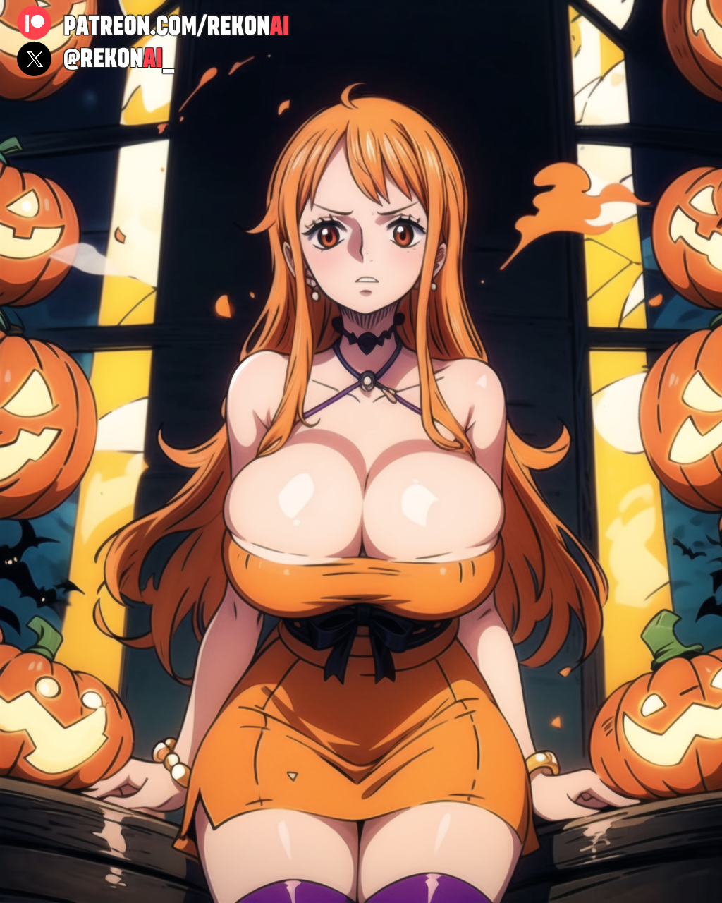 1girls 2d ai_generated bats big_breasts big_butt big_nipples blush breast_press breast_squeeze breasts_bigger_than_head brown_eyes closed_legs female female_focus female_only female_protagonist from_below from_front_position halloween halloween_costume huge_breasts huge_butt large_ass large_breasts latex_legwear latex_suit light-skinned light-skinned_female light_skin long_hair looking_at_viewer looking_from_above medium_breasts nami on_table one_piece orange_dress orange_hair pale-skinned_female pale_skin post-timeskip pumpkin red_hair rekonai shounen_jump sitting smaller_female thick thick_ass thick_hips thick_legs thick_lips thick_thighs tight_clothes tight_clothing tight_dress tight_fit tight_pants uncensored wide_hips