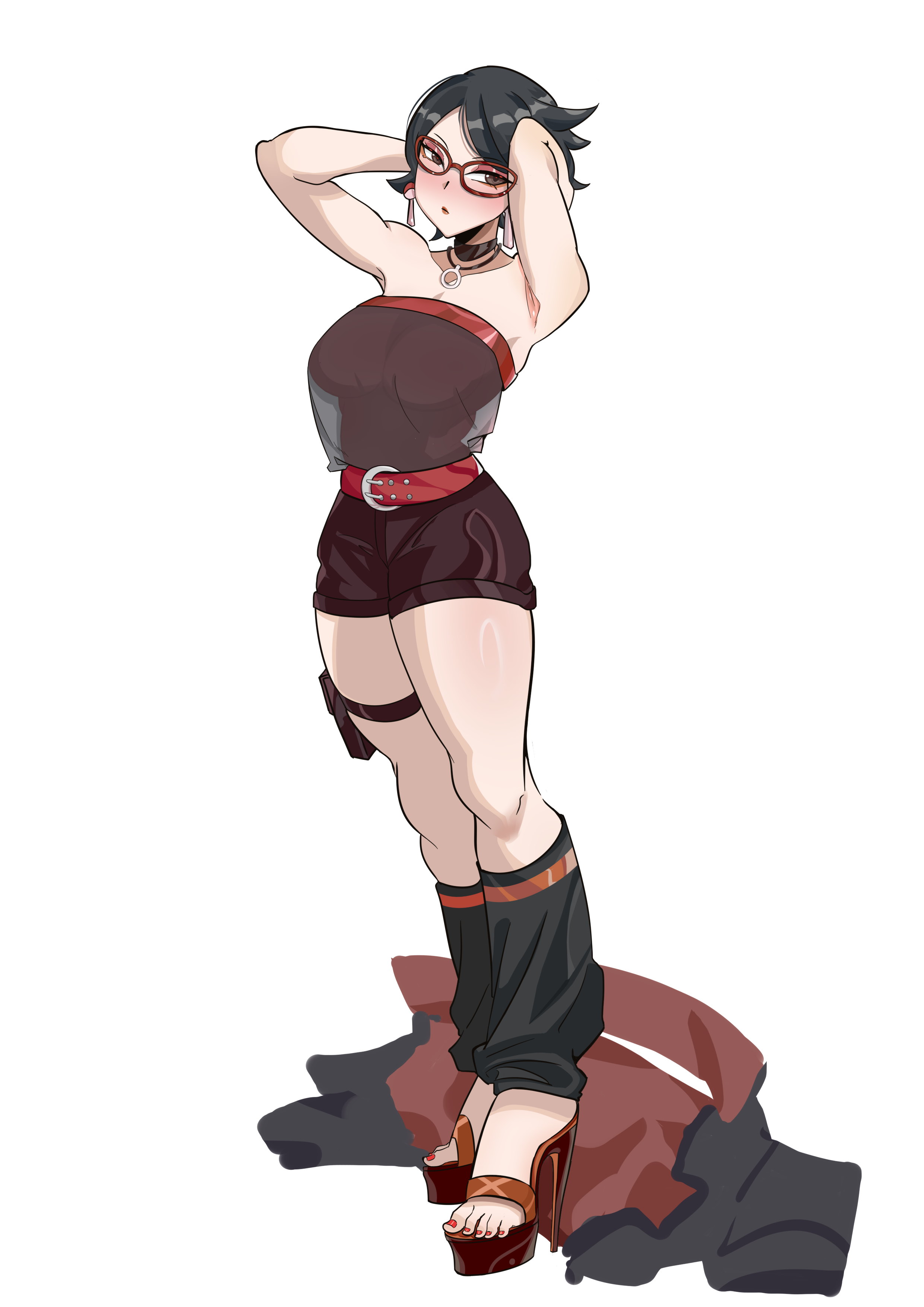 1girls, armpit crease, armpit fetish, armpits, arms behind head, arms up, bare thighs, belt, big breasts, bl pirnt, black eyes, blush, boruto: naruto next generations, boruto: two blue vortex, breasts, busty, choker, clothed, collar, ear piercing, earrings, feet, female, female only, foot fetish, glasses, heels, hi res, high heels, highres, jacket, jewelry, knee socks, kneehighs, kneesocks, large breasts, light skin, light-skinned female, minishorts, nail polish, naruto, naruto (series), necklace, nose blush, painted nails, pale skin, pale-skinned female, perky breasts, pinup, pixie cut, platform heels, pose, posing, red heels, red high heels, red nail polish, red nails, red toenail polish, red toenails, sarada uchiha, see-through, see-through clothing, see-through shirt, short hair, short shorts, shorts, shounen jump, skimpy, skimpy clothes, solo, standing, stiletto heels, teenage female, teenager, toenail polish, toenails, toes, tomboy, tubetop, uchiha sarada, uchiha symbol, undressing, white background
