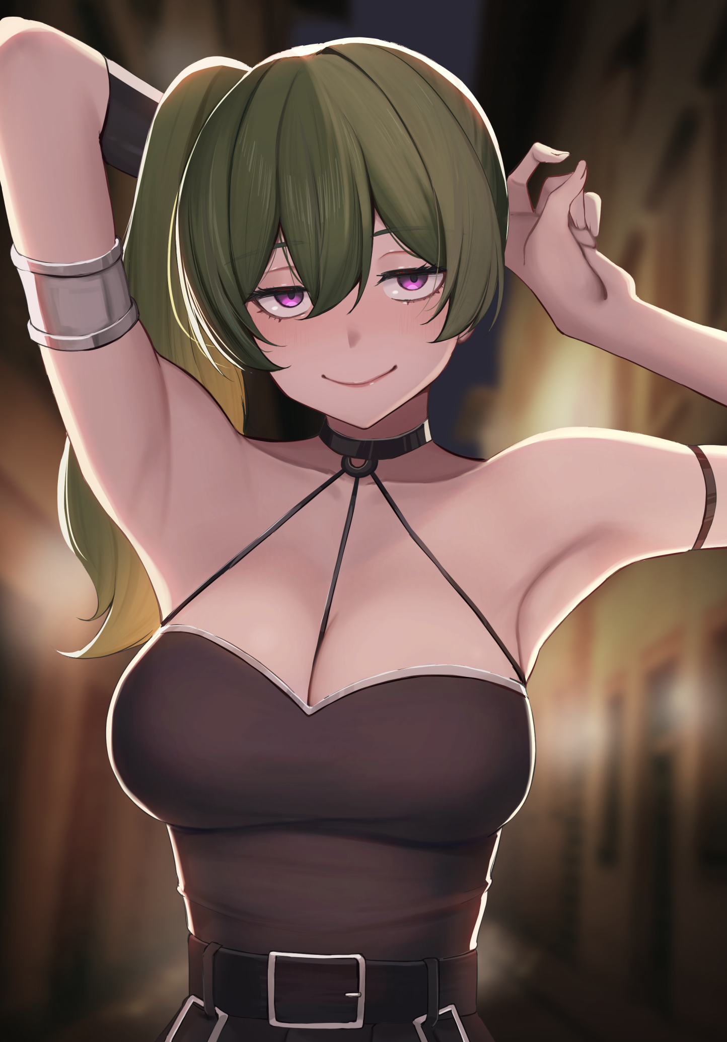 armpits, bare shoulders, breasts, choker, dress, female, green hair, human, looking at viewer, o-ring, ponytail, purple eyes, side ponytail, smile, sousou no frieren, ubel (sousou no frieren)