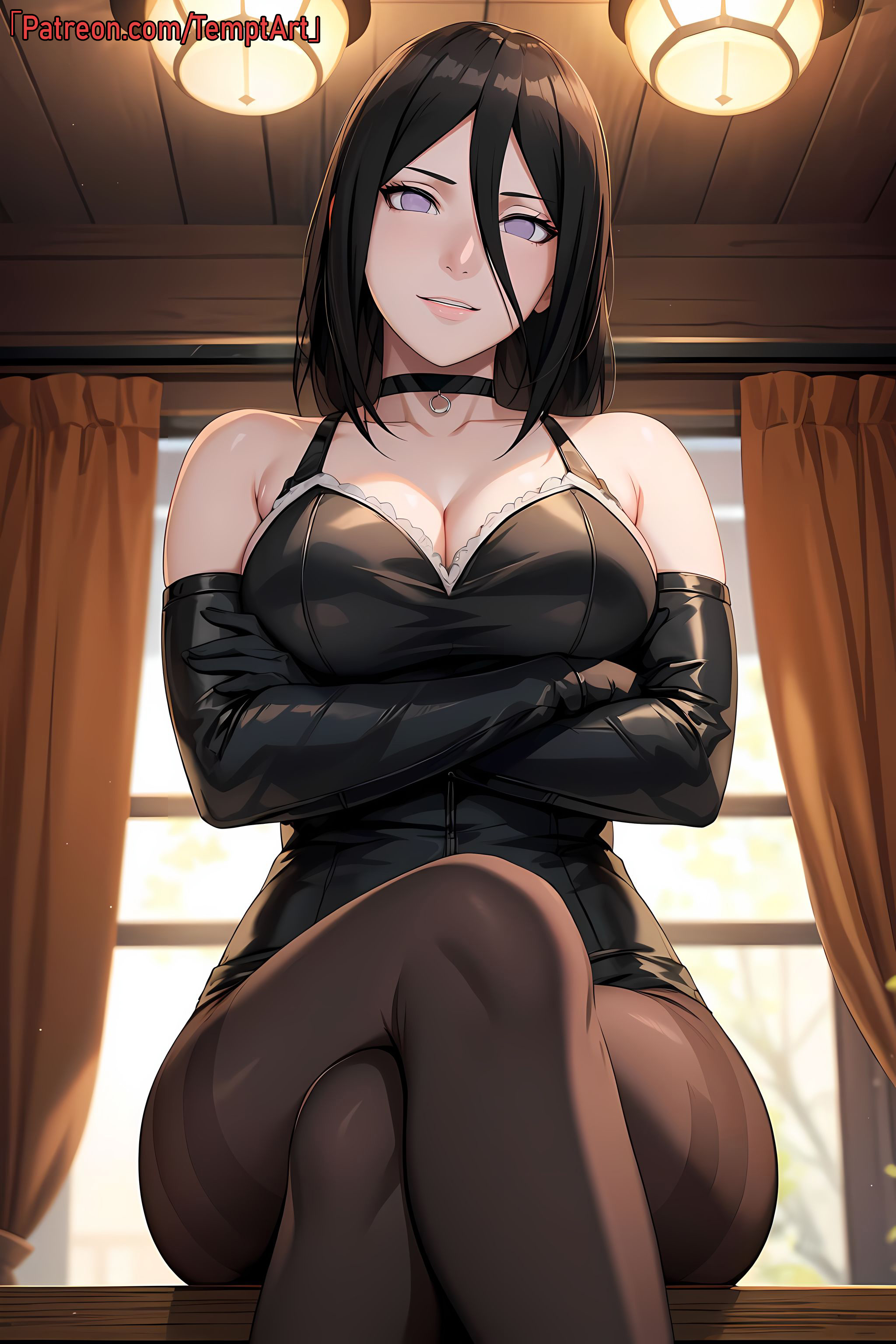 1girls, ai generated, arms under breasts, bare shoulders, blush, body blush, boruto: naruto next generations, breasts, brown hair, corset, crossed arms, crossed legs, ear blush, female, female only, from behind, front view, high resolution, hyuuga hanabi, latex, leather, leather clothing, leotard, light skin, light-skinned female, lingerie, lipstick, looking at viewer, looking back, looking back at viewer, makeup, nai diffusion, naruto, naruto (series), nose blush, panties, pantyhose, pink lips, pinup, purple eyes, revealing clothes, shiny, shiny hair, shiny skin, sitting, skimpy, skimpy clothes, solo, solo focus, stable diffusion, temptart, thick thighs, thighs, thong leotard, url, watermark, web address