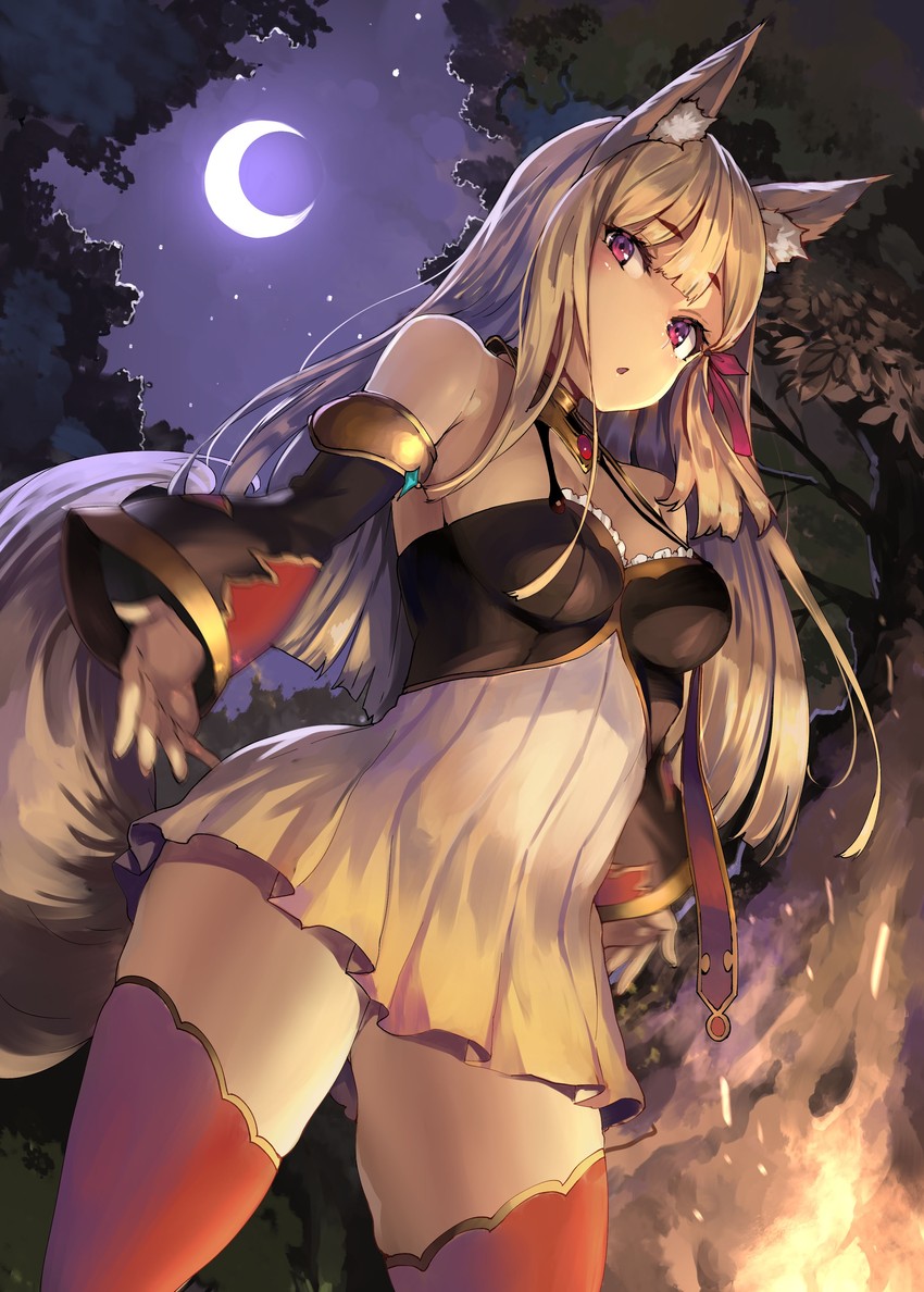 1girls, bare shoulders, blonde hair, breasts, cleavage, clothed, colored, female, female focus, female only, fireplace, fox ears, fox girl, fox tail, guren (redo of healer), kaifuku jutsushi no yarinaoshi, long hair, looking at viewer, moon, moonlight, nature, night, official art, outdoors, outside, red eyes, redo of healer, shiokonbu, skirt, small breasts, solo female, starry sky, stars, thick thighs, thighhighs, thighs, trees, young, young female