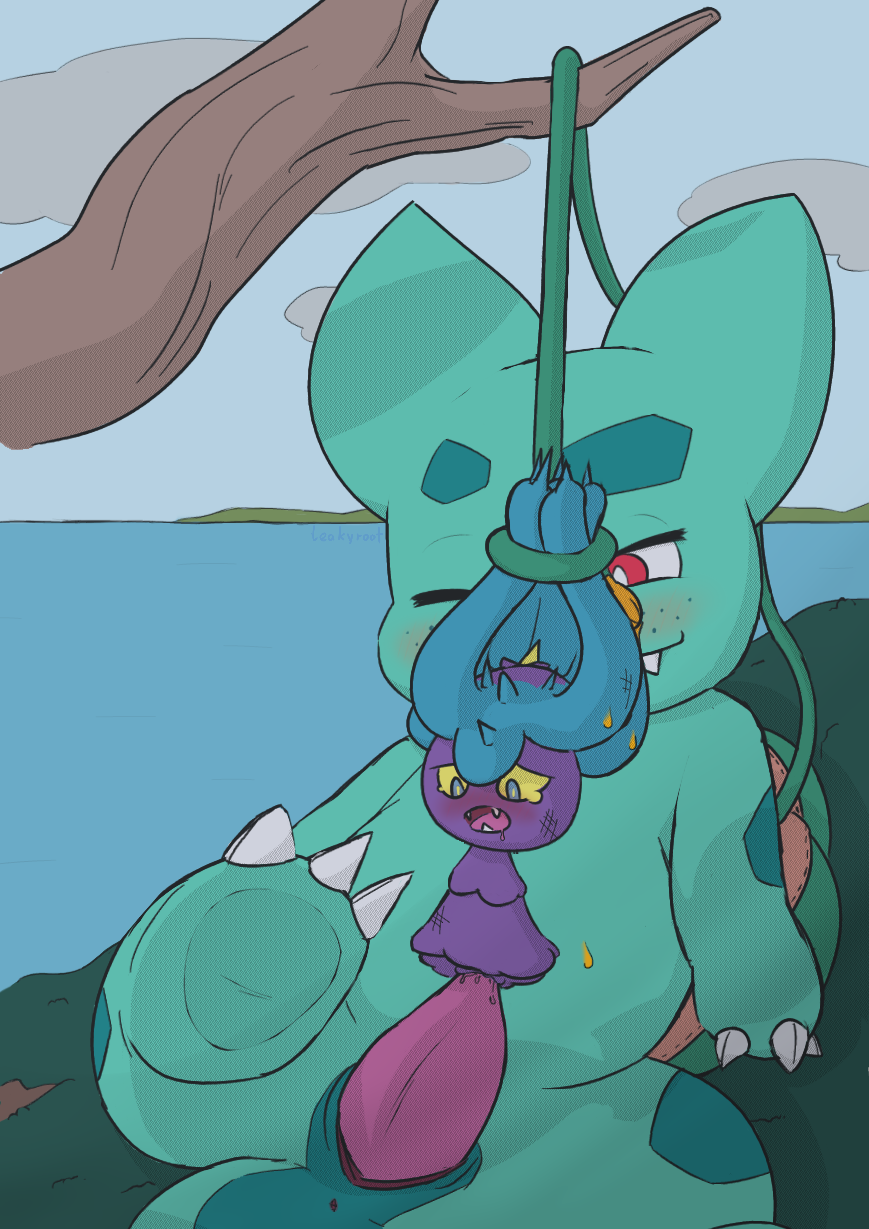 bondage bondage bound bulbasaur duo female feral forced generation_1_pokemon generation_7_pokemon hi_res leakyroot male male/female mareanie nintendo pokemon pokemon_(species) rape