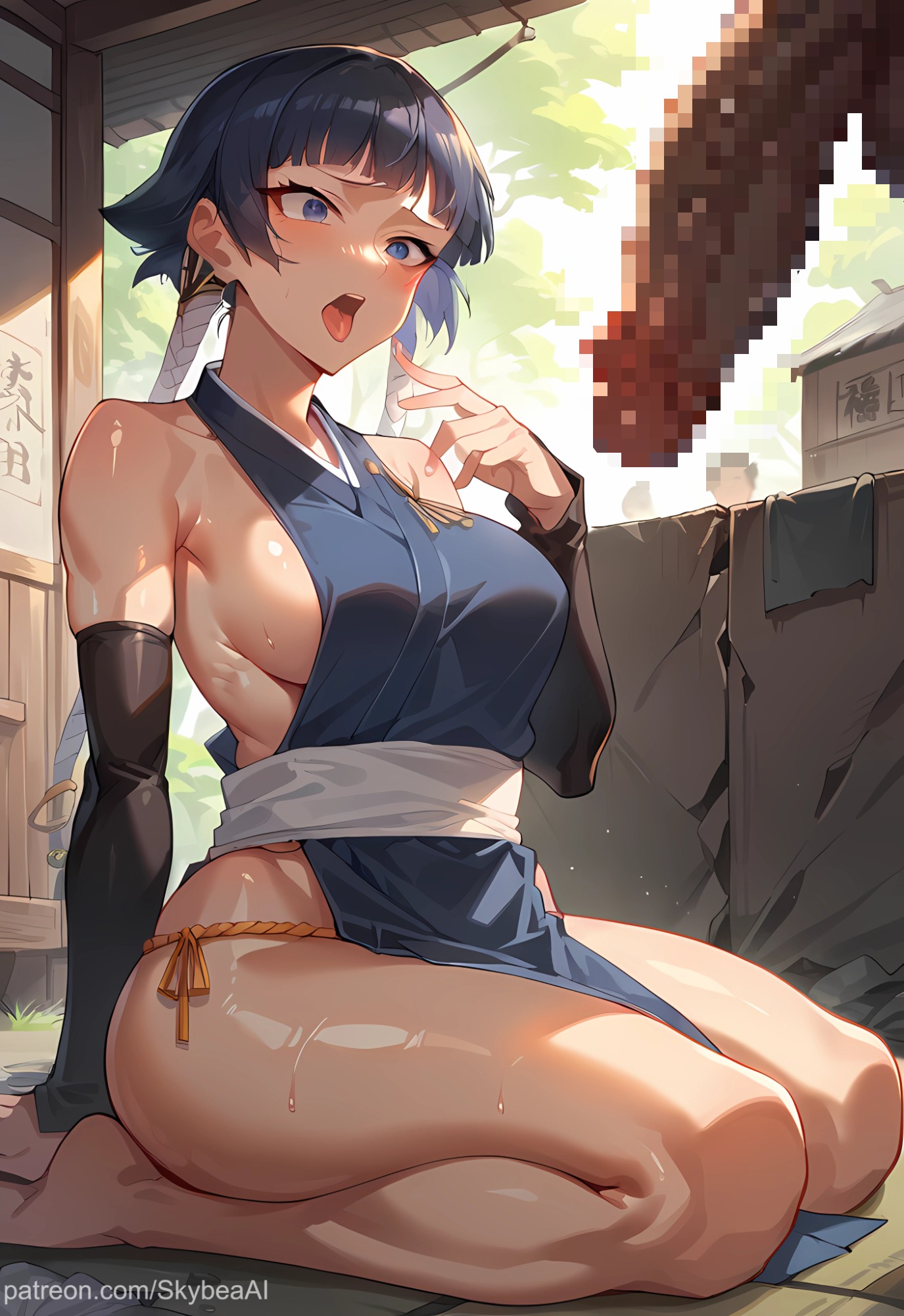 1boy, 1girls, 2d, absurd res, ahe gao, ai generated, big penis, bleach, breasts, clothed female, female, highres, huge cock, kneeling, male, outdoors, penis, sideboob, skybea, soifon, sui-feng, tongue, tongue out