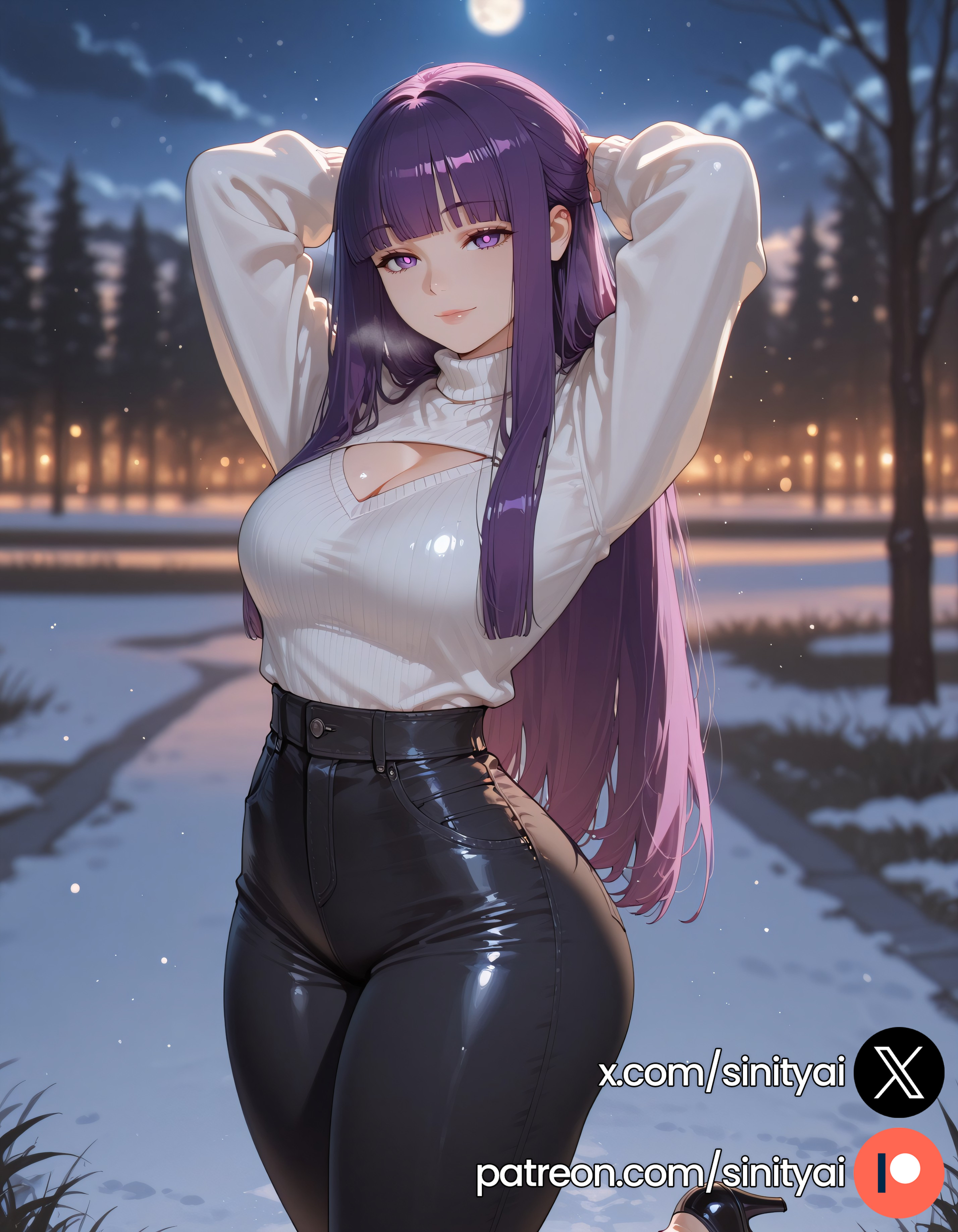 1girls, 2025, ai generated, ass, bangs, big ass, big breasts, blurred background, blurry background, depth of field, female, fern (sousou no frieren), frieren beyond journey's end, fringe, hi res, high quality, high resolution, highres, huge ass, huge breasts, huge thighs, long hair, nsfw, patreon, patreon exclusive, patreon link, patreon logo, patreon url, purple eyes, purple hair, sinity, small waist, sousou no frieren, thick thighs, thin waist