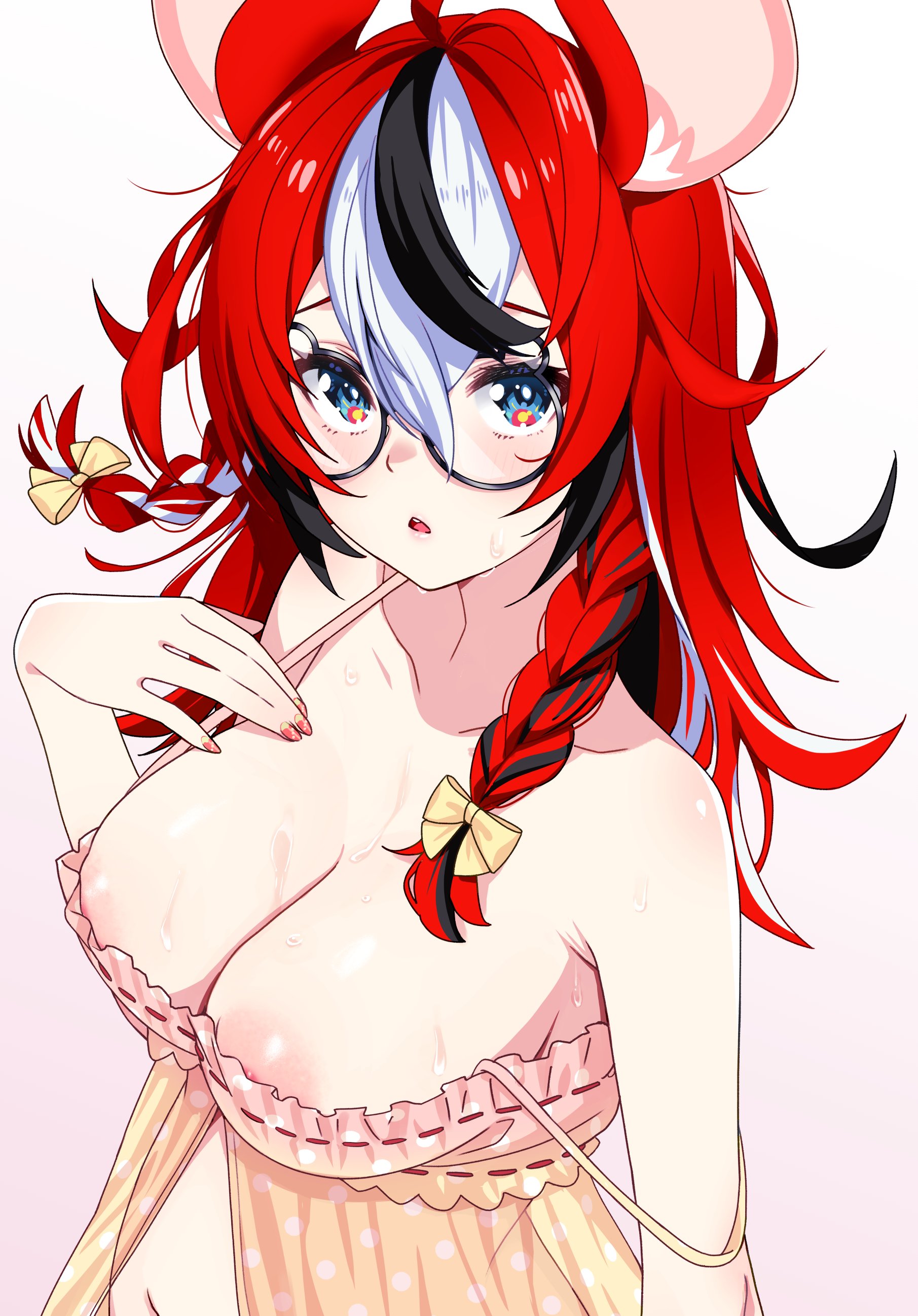 absurdres, animal ears, areola slip, armpit crease, babydoll, black streaks, black-framed eyewear, blue eyes, bow, braid, breasts, chestnut mouth, cleavage, collarbone, double-parted bangs, female, gradient background, hair between eyes, hairbow, hakos baelz, hakos baelz (5th costume), hakos baelz (strawberry onesie), hand on own chest, highres, hololive, hololive english, hololive english -council-, hololive english -promise-, large breasts, long hair, looking at viewer, low twin braids, mouse ears, multicolored hair, pink babydoll, pink nails, polka dot babydoll, red hair, round eyewear, solo, strap slip, streaked hair, sweat, twin braids, upper body, virtual youtuber, white streaks, yellow babydoll, yellow bow, zabudog777