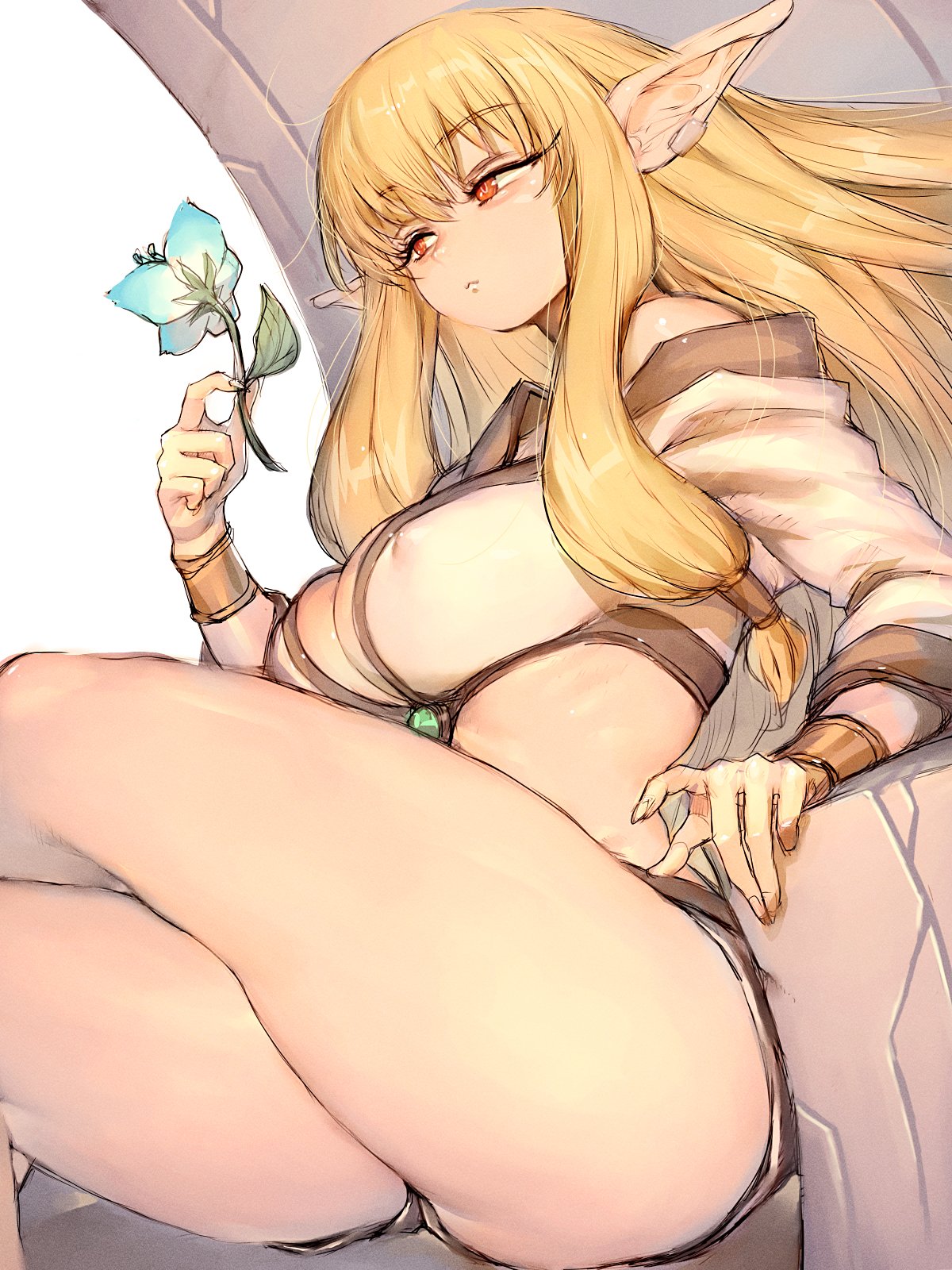 1girls, blonde hair, breasts, crossed legs, elf, elf ears, elf female, female, female only, flower, fumio (rsqkr), high resolution, large breasts, serie (sousou no frieren), solo, sousou no frieren, thighs