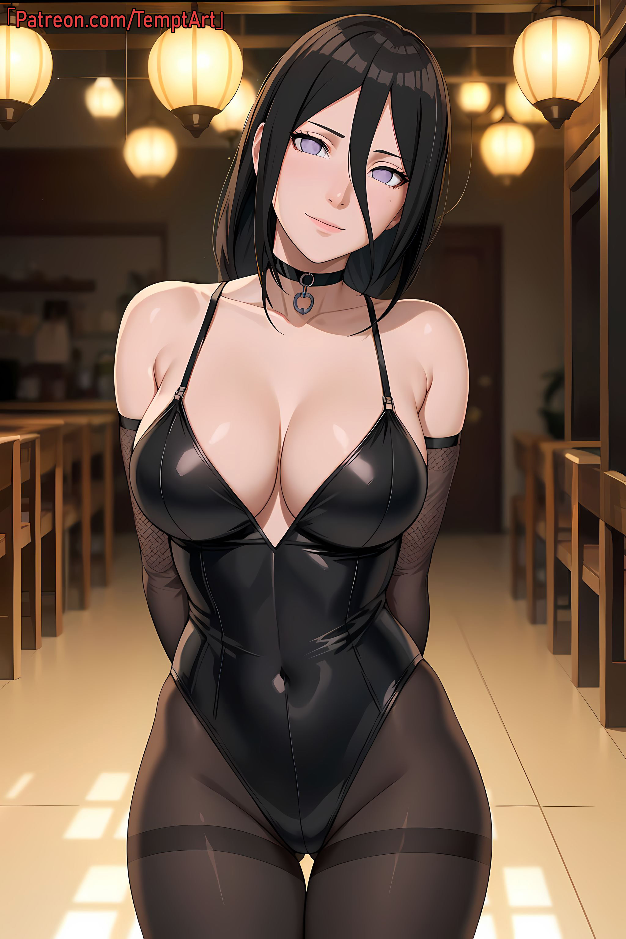 1girls, ai generated, arms behind back, bare shoulders, blush, body blush, boruto: naruto next generations, brown hair, corset, ear blush, female, female only, from behind, front view, high resolution, hyuuga hanabi, latex, leather, leather clothing, leotard, light skin, light-skinned female, lingerie, lipstick, looking at viewer, looking back, looking back at viewer, makeup, nai diffusion, naruto, naruto (series), nose blush, panties, pantyhose, pink lips, pinup, purple eyes, revealing clothes, shiny, shiny hair, shiny skin, skimpy, skimpy clothes, solo, solo focus, stable diffusion, temptart, thick thighs, thighs, thong leotard, url, watermark, web address
