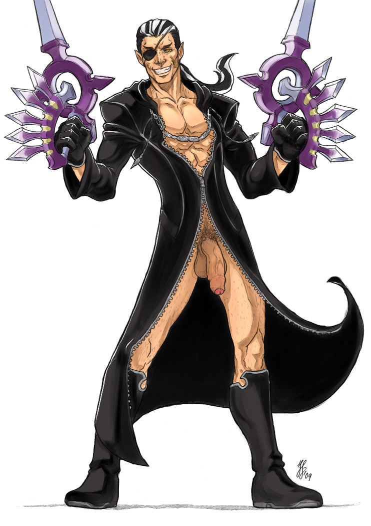 abs black_coat black_hair boots casual clothes coat color disney dual_wielding eye_patch flaccid footwear foreskin front_view hair handwear holding human keyblade kingdom_hearts looking_at_viewer male male_only nobody_(kingdom_hearts) open_clothes open_eyes orange_eyes outerwear penis pointy_ears schizoid smile solo square_enix standing tan_skin testicles toned toned_male uncircumcised weapon white_background xigbar