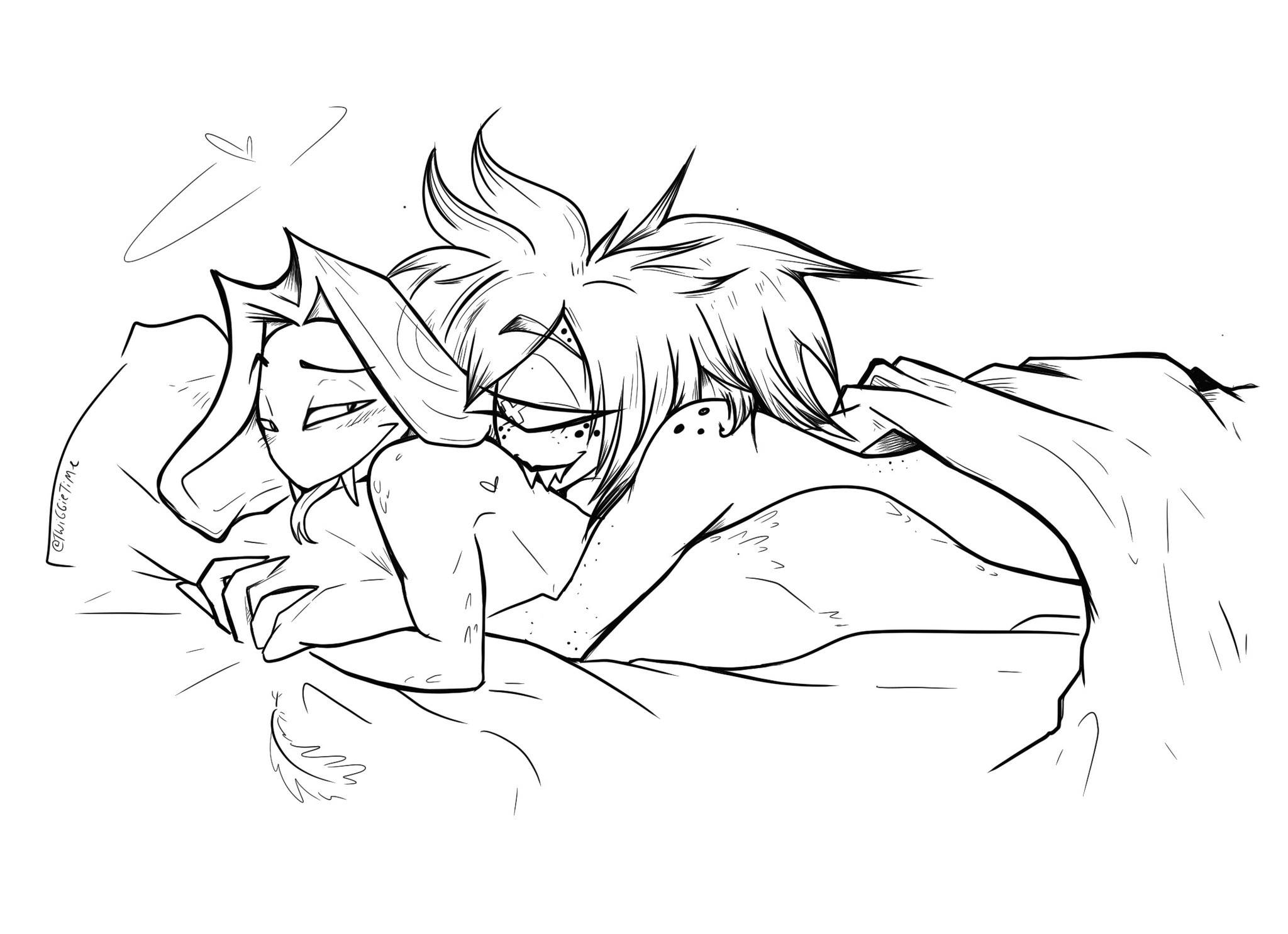 1boy, 1girls, 2024, 2d, bed, bed sheet, blush, cherri bomb (hazbin hotel), cuddling, cute, cyclops, eyes, female, freckles, halo, happy, hazbin hotel, heart, laying on bed, laying on stomach, looking at another, looking at partner, lying on person, male, monochrome, pillow, pillow grab, sheets, sir pentious (hazbin hotel), smile, snake, suggestive, teeth, tongue, twiggietime, vivienne medrano, watermark, wholesome