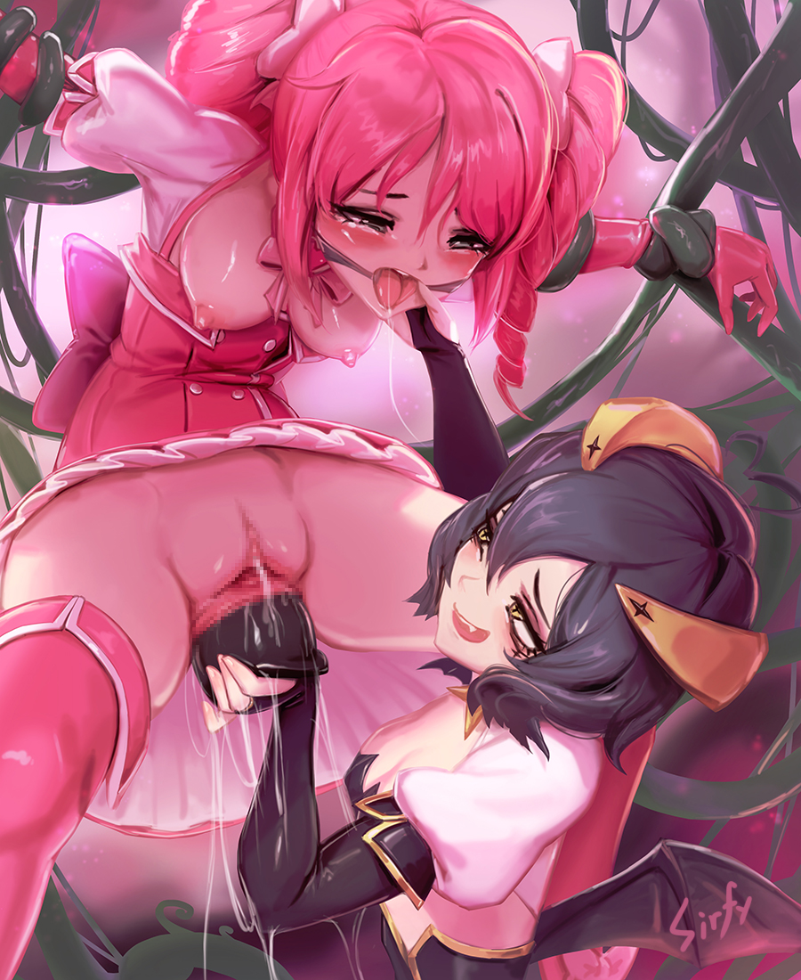 2girls artist_name black_hair bondage breasts breasts_out butt_plug censored clitoris commentary_request defeated defeated_heroine dildo dildo_insertion dress drill_hair elbow_gloves english_commentary female female_only femdom femsub gag gagged gloves hanabishi_haruka happy hiiragi_utena lezdom long_hair looking_at_another magia_baiser magia_magenta magical_girl mahou_shoujo_ni_akogarete multiple_girls nipples object_insertion open_mouth pink_dress pink_hair pussy restrained restrained_by_tentacles ring_gag sex_toy short_hair signature sirfy small_breasts smile twin_drills twintails villainess villainess_dominating_heroine yellow_eyes yuri