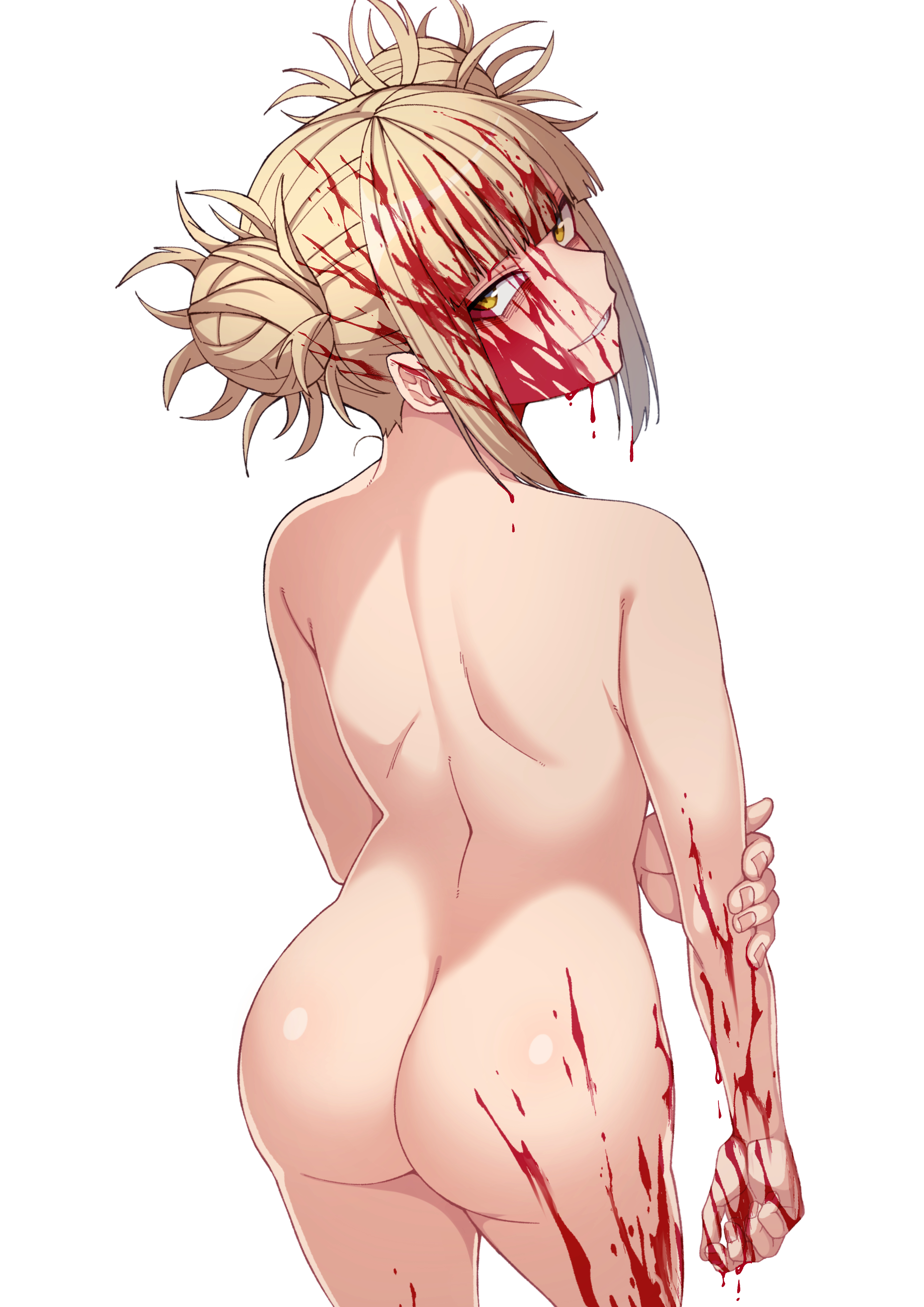 1girls, ass, blonde hair, blonde-haired female, blood, completely nude, female, himiko toga, kobaji, light skin, light-skinned female, looking back, my hero academia, naked, naked female, nude, nude female, solo, solo female, tagme, toga himiko, white background, yellow eyes