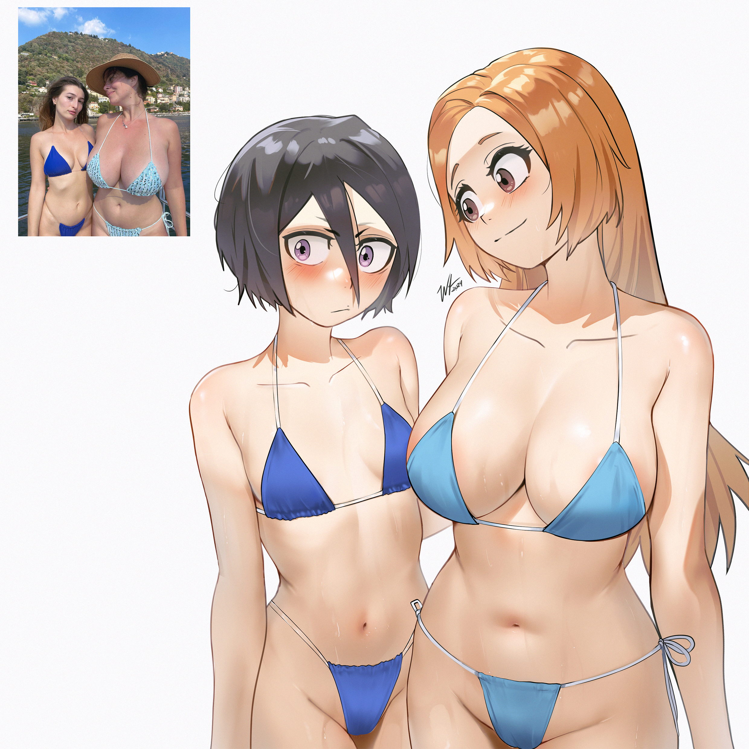 2girls, beach, big breasts, bikini, bikini top, bleach, bleach: the thousand-year blood war, breast envy, breast size difference, breasts, duo, female, female only, flat chest, human, inoue orihime, kuchiki rukia, mother daughter boob envy (meme), multiple females, multiple girls, petite, redraw, skinny, small breasts, smaller female, tomboy, waligner