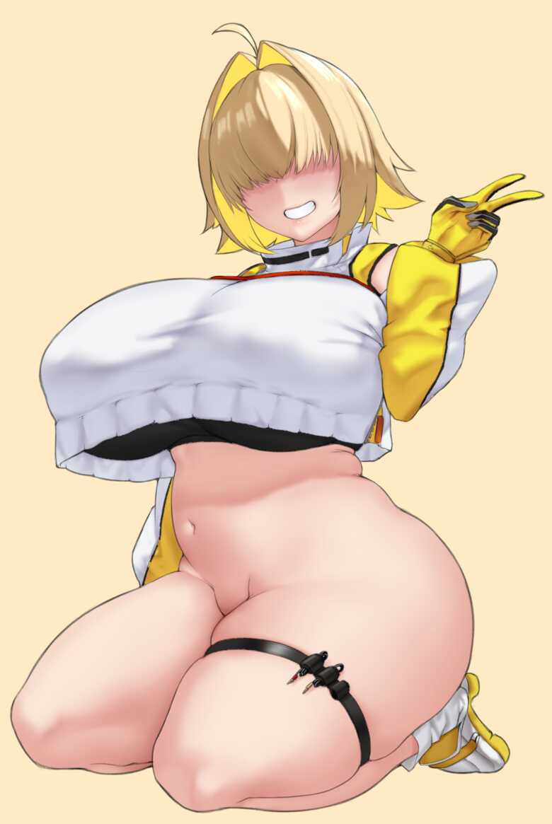 1girls, ahoge, ass, blank background, blonde hair, elegg (nikke), female, female only, goddess of victory: nikke, grin, hair over eyes, huge ass, no panties, on floor, peace sign, plump, sitting, thick thighs