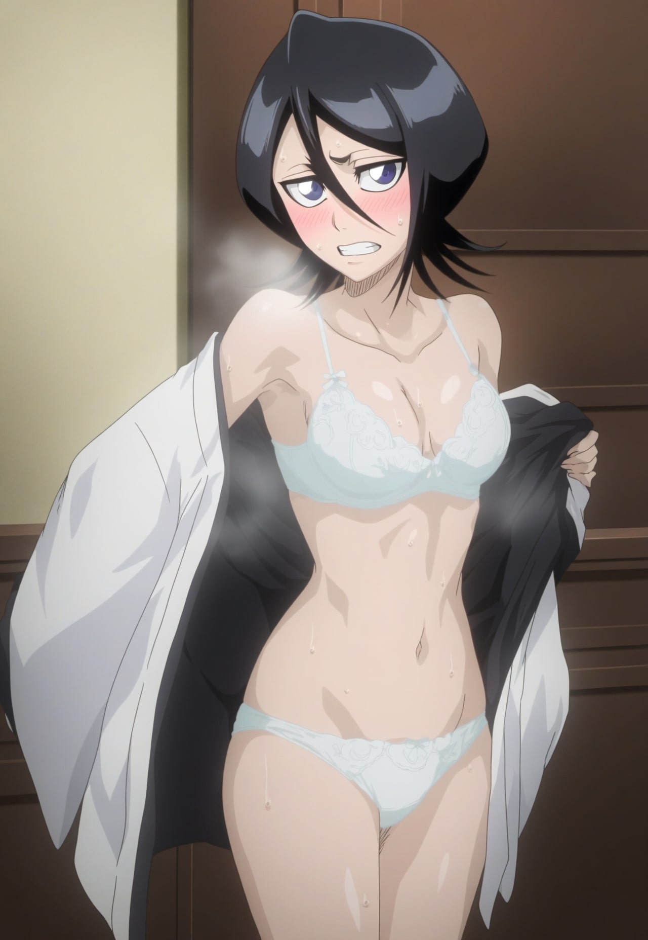 1girls accurate_art_style ai_generated anime_style ashamed black_hair bleach bleach:_the_thousand-year_blood_war blush bra breasts cleavage curvaceous curvy curvy_body curvy_female curvy_figure embarrassed female female_focus haori kimono kuchiki_rukia light-skinned_female light_skin long_hair midriff nai_diffusion pale-skinned_female pale_skin panties petite petite_body petite_female purple_eyes sepiaton short short_female shoulder_length_hair smaller_female solo stable_diffusion steam steaming_body taking_clothes_off underwear undressing white_skin