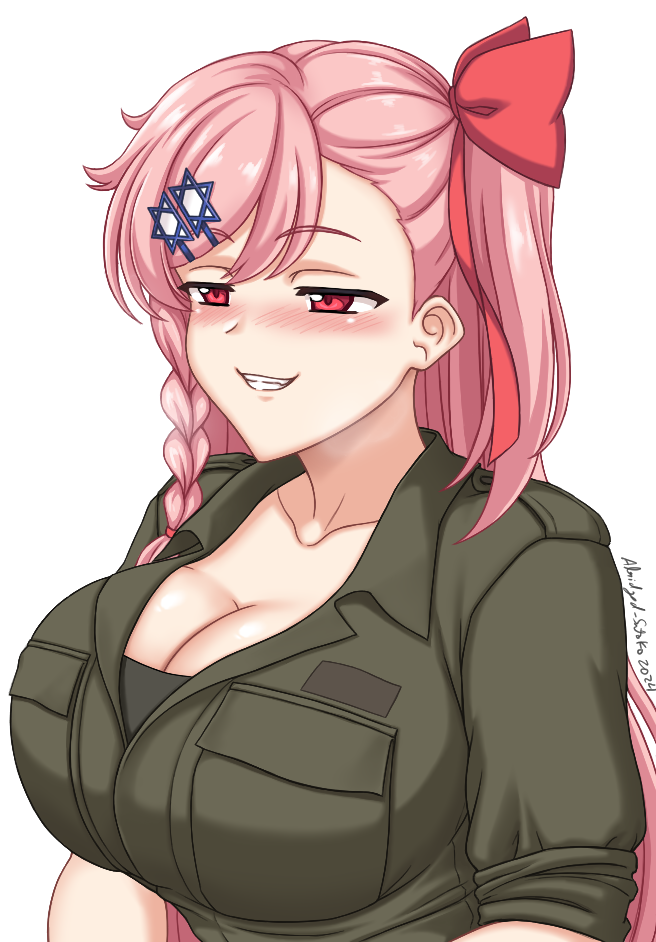 1girls abridged-satoko big_breasts cleavage cleavage_cutout girls'_frontline military_uniform negev_(girls'_frontline) negev_(girls_frontline) pink_hair red_eyes