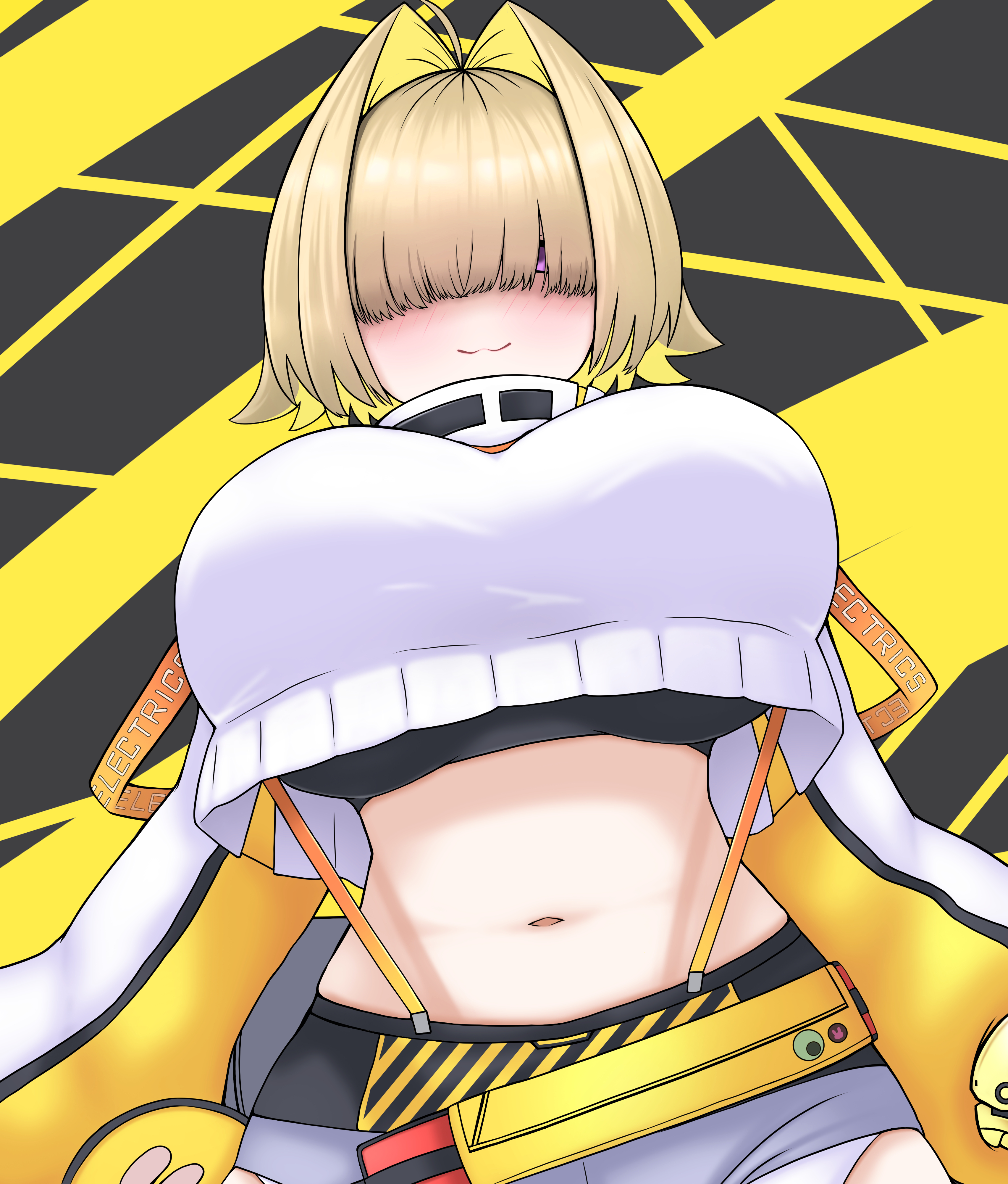 1girls, big breasts, black topwear, blonde hair, blush, booty shorts, breasts, chin length hair, elegg (nikke), female, female only, goddess of victory: nikke, hair over one eye, large breasts, light skin, light-skinned female, midriff, navel, pale skin, pale-skinned female, purple eyes, suspenders, two-tone hair, white jacket