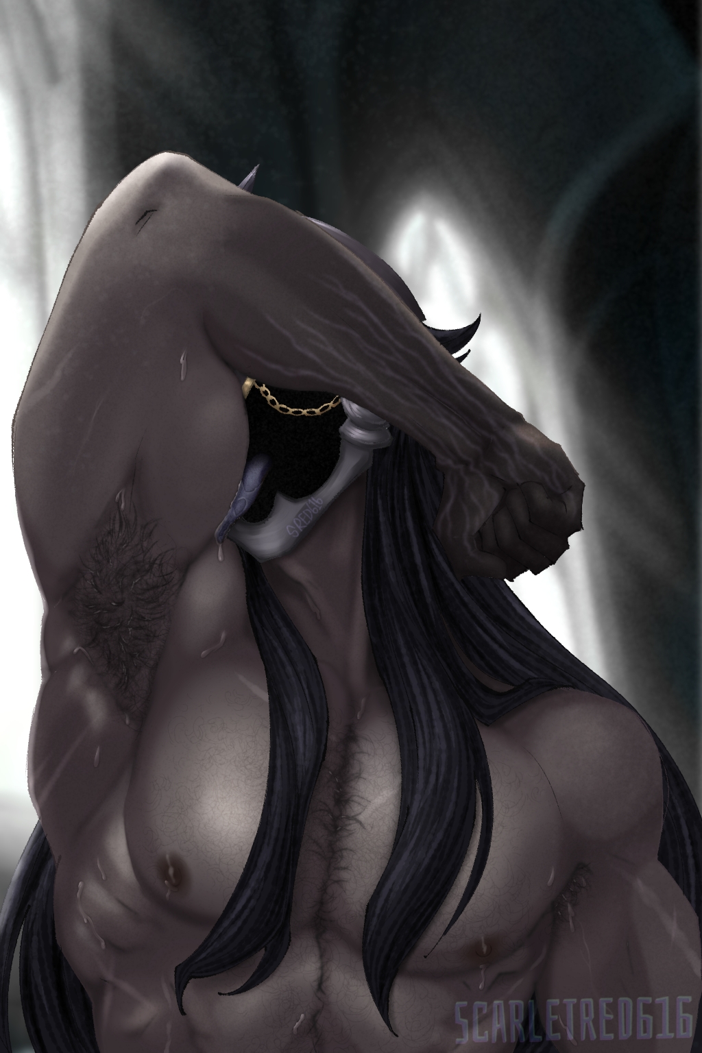 armpit hair, bara, bara body, bara tiddies, bara tits, barazoku, biceps, capitano (genshin impact), fatui harbinger, gay, gay male, genshin impact, male, male only, man boobs, man tits, muscular, muscular male, solo, sweating