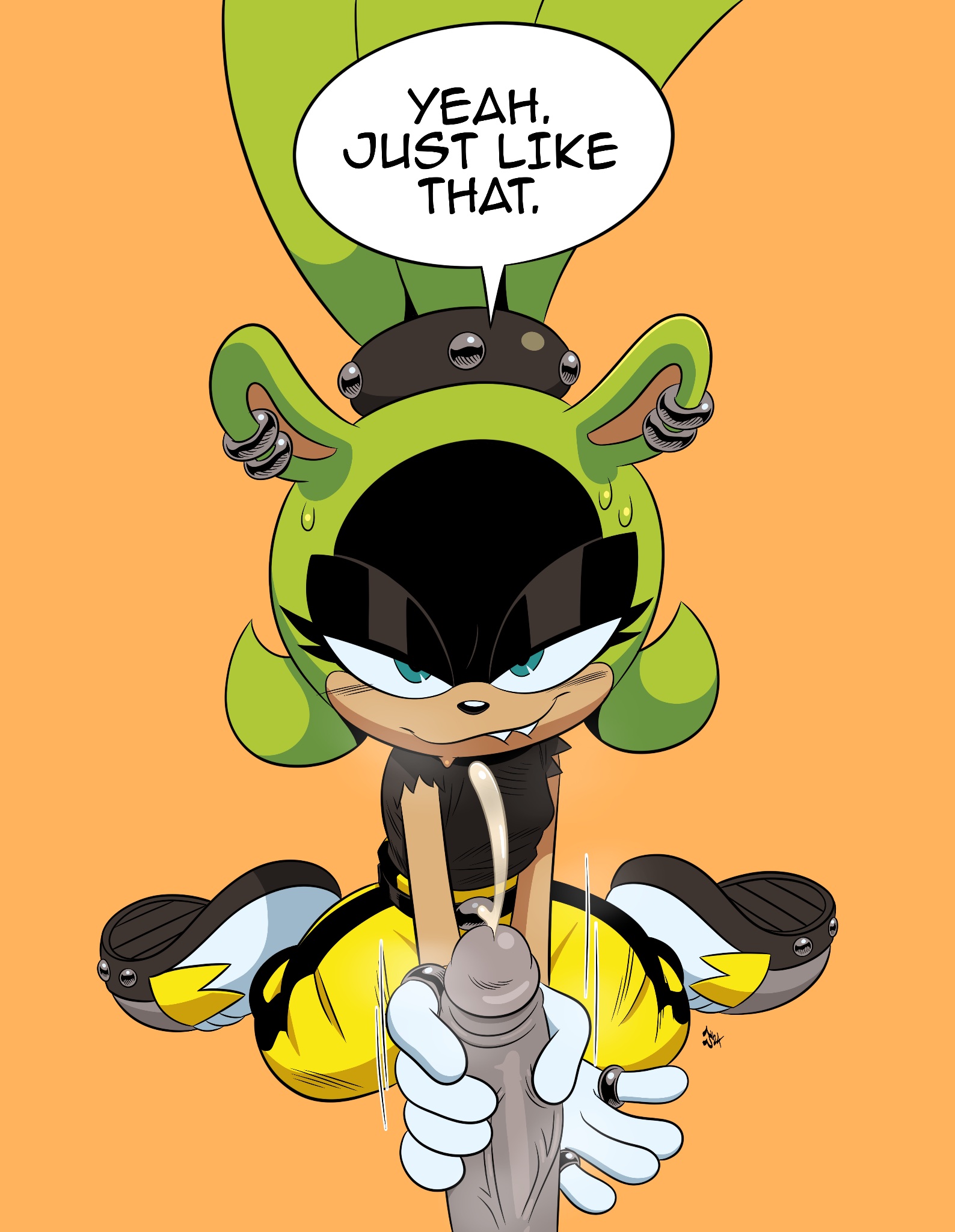 cum, cumshot, deepcreases, english text, female, furry, handjob, smug, sonic (series), sonic the hedgehog (idw), sonic the hedgehog (series), surge the tenrec, tagme, tenrec, text, text bubble