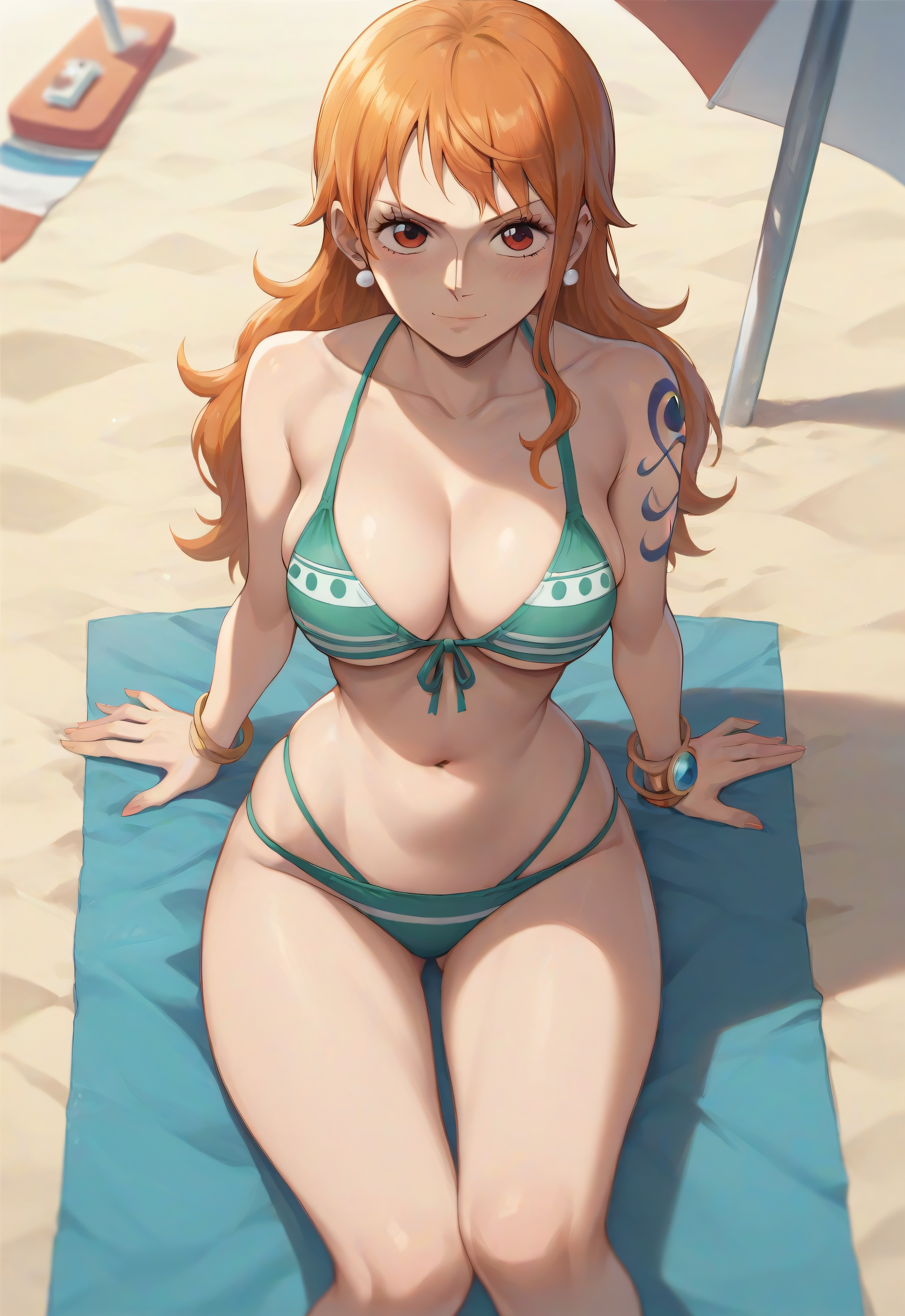 1girls, ai generated, beach, bikini, female, female only, looking at viewer, nami (one piece), navel, one piece, post-timeskip, robinlover, sculptai, tagme, tattoo