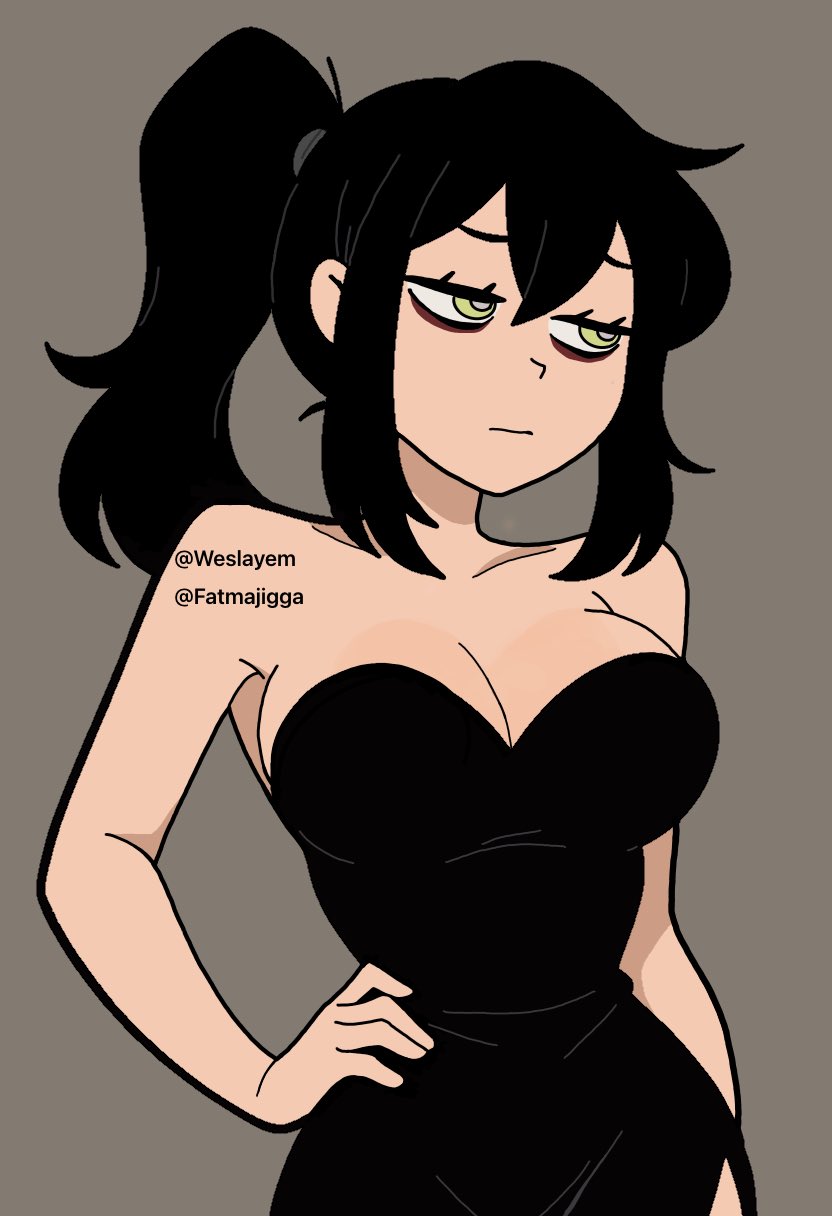 1girls, black dress, black hair, female, female only, green eyes, hi res, huge breasts, milf, mommy, ponytail, renee graves, solo, the coffin of andy and leyley, tired, tired eyes, white skin